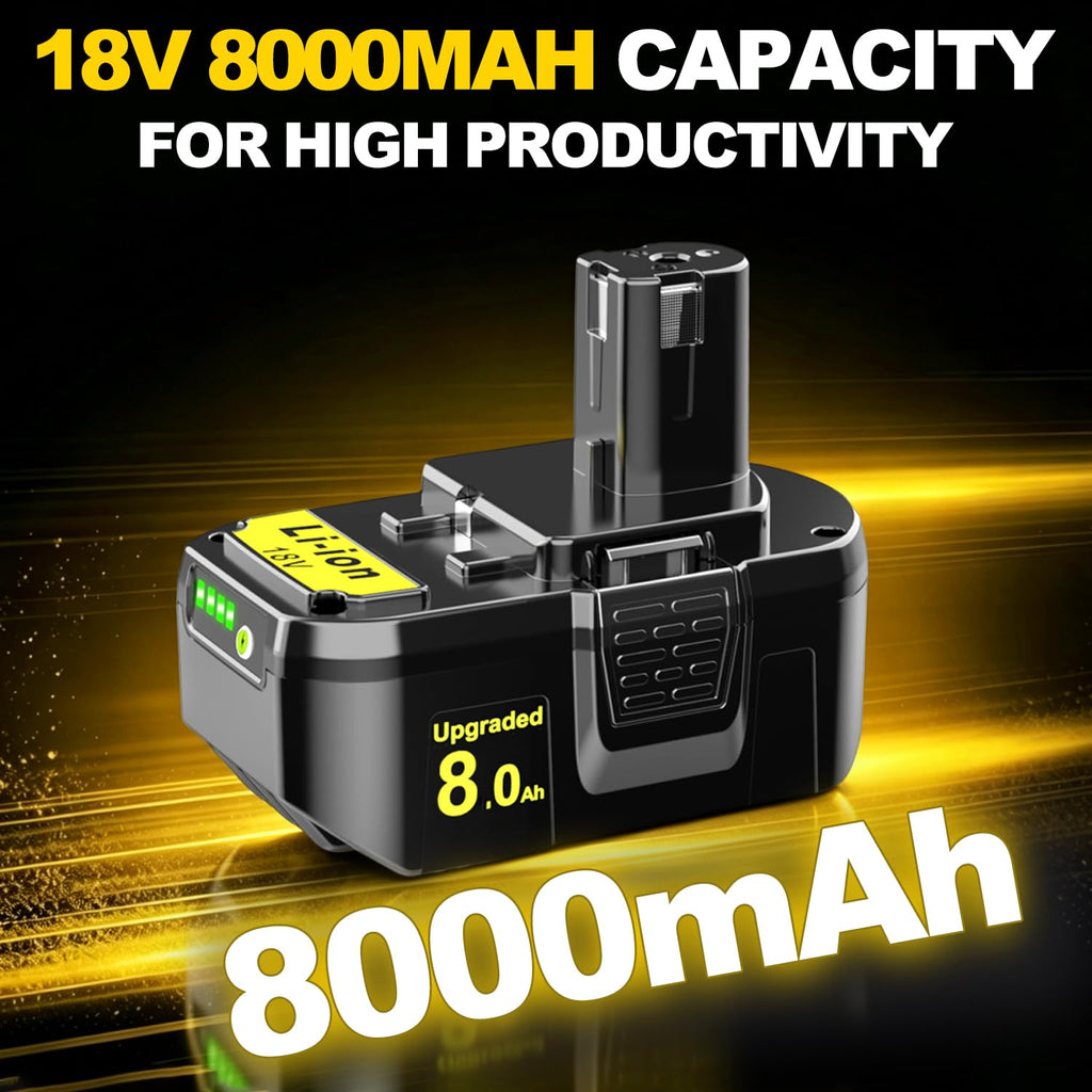 2-Pack 8.0Ah Replacement for Ryobi 18V Battery ONE+ P108 P102