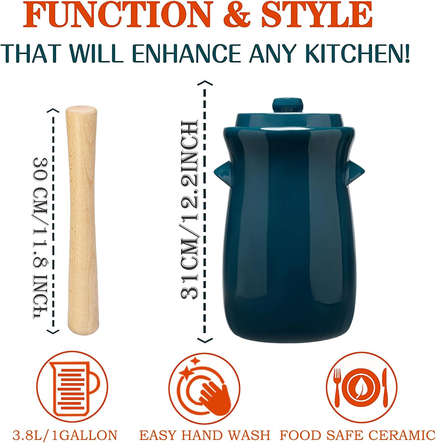 Fermentation Crock 3.8Liter/1 Gallon Stoneware Pot for Fermenting, Pickling Kimchi, Pickles, Vegetables, Kombucha