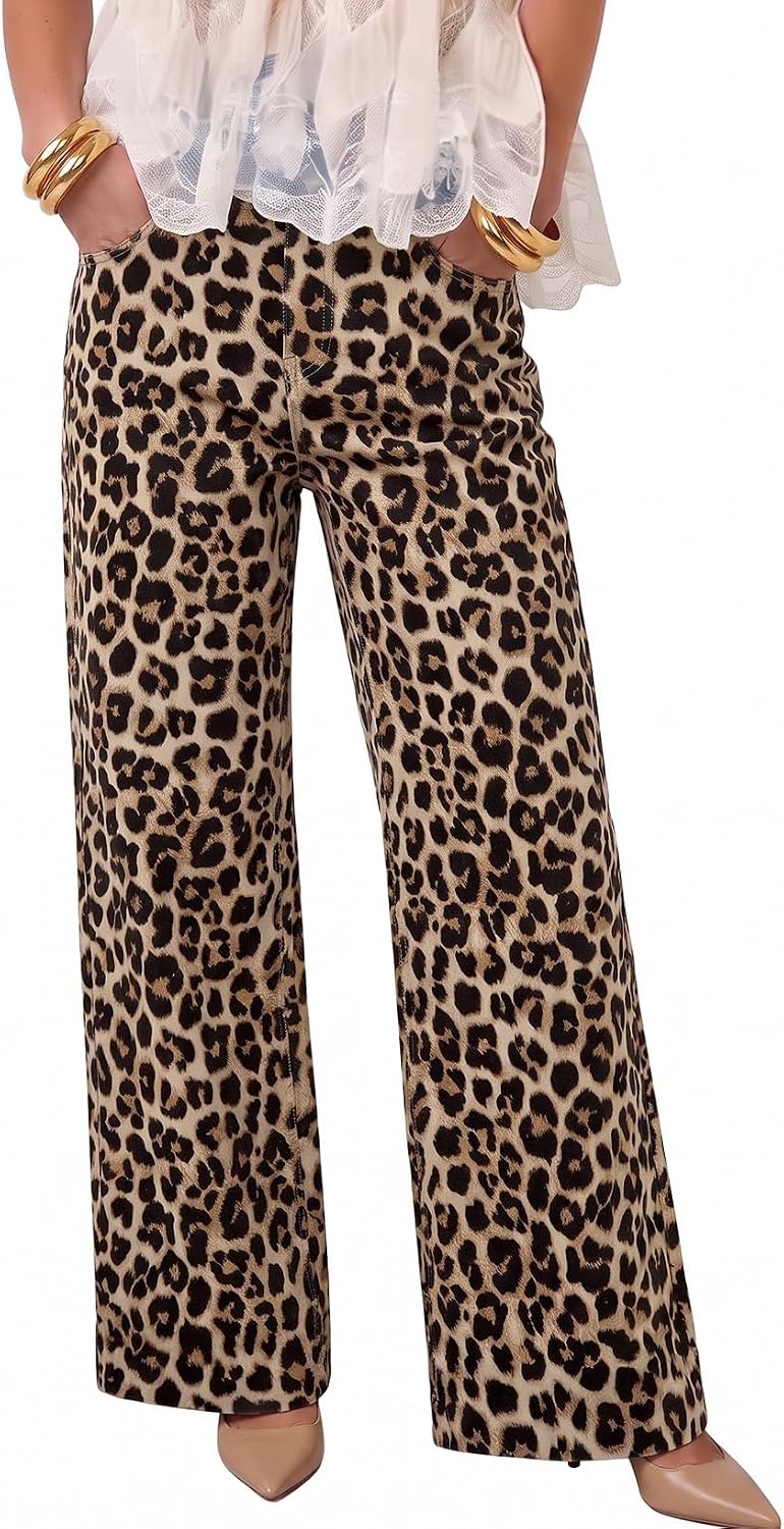 Women's High Waisted Jeans Wide Leg Leopard Print Denim Pants