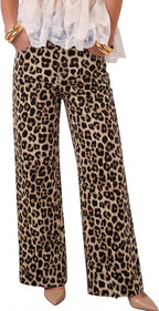 Women's High Waisted Jeans Wide Leg Leopard Print Denim Pants