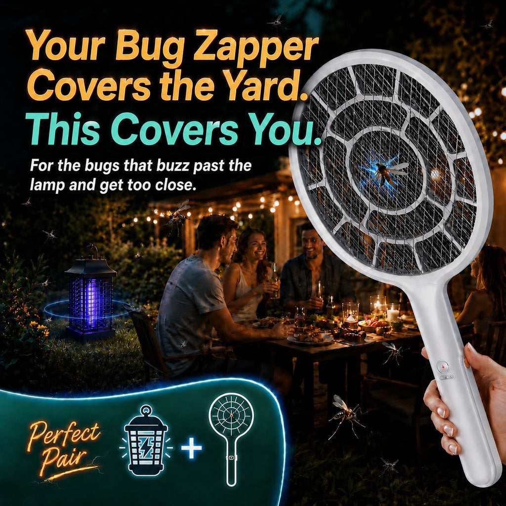 Electric Fly Swatter, Bug Zapper Companion, Mosquito Killer Racket | Gold Zone Voltage, Densest 3mm Mesh, Apple-Like