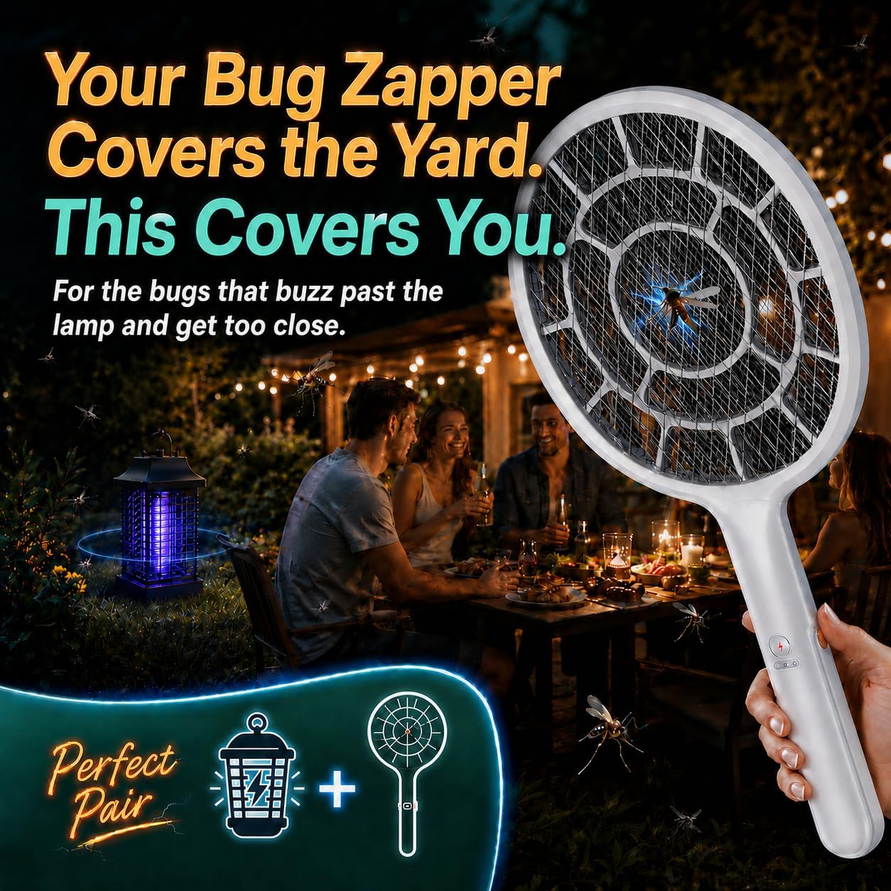 Electric Fly Swatter, Bug Zapper Companion, Mosquito Killer Racket | Gold Zone Voltage, Densest 3mm Mesh, Apple-Like