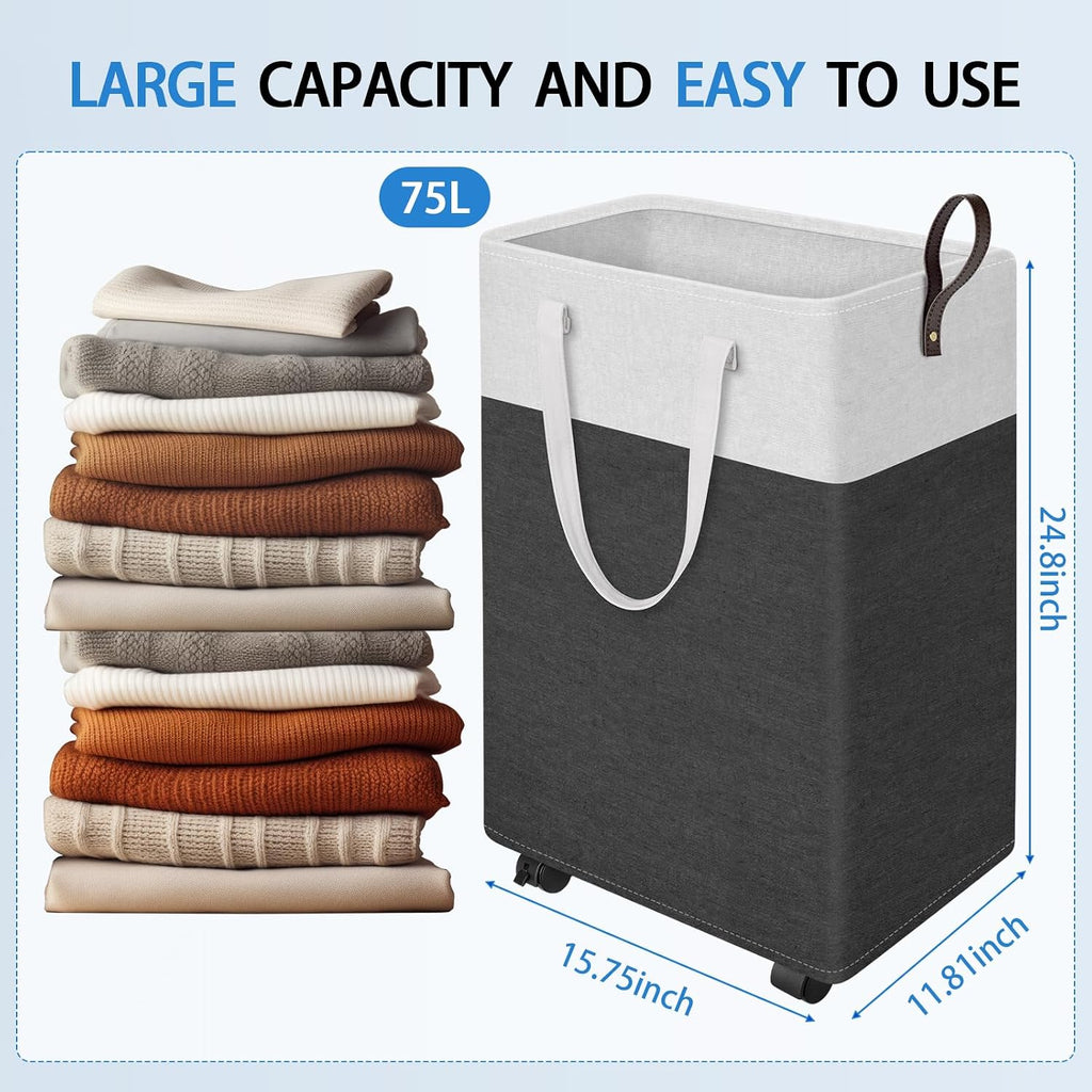 75L Rolling Laundry Basket with 4 Wheels Collapsible Gray | 4 Wheels, Waterproof PEVA Lining, Cotton Flax Fabric