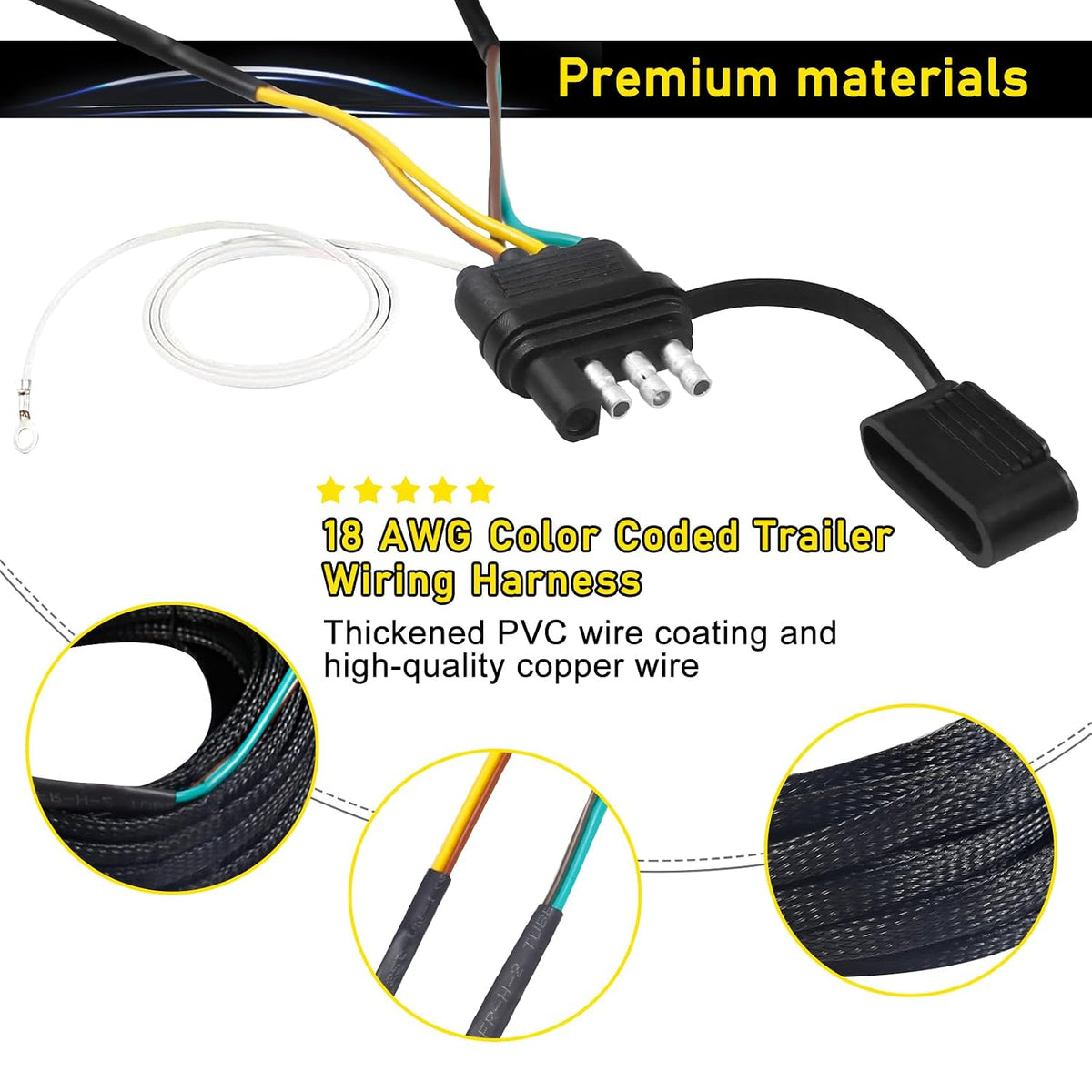 30FT 4 Pin 5 Wire Trailer Wiring Harness Kit,18AWG Pure Copper Wires with Tinned Ends to Prevent Corrosion, for
