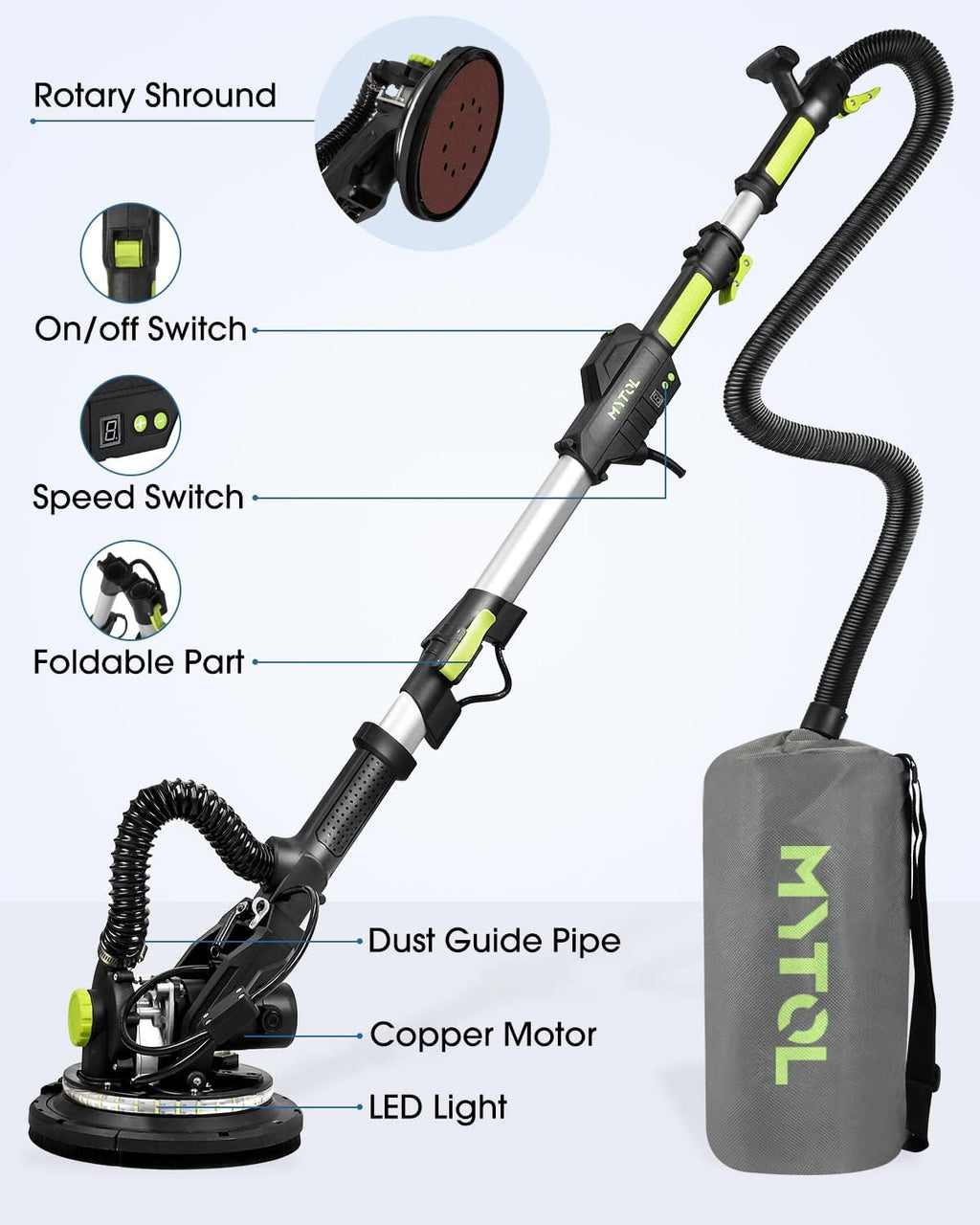 7.2A Drywall Sander with Vacuum, LED, 6-Speed | Digital display 900-1800RPM, foldable & extendable handle, 7.2A