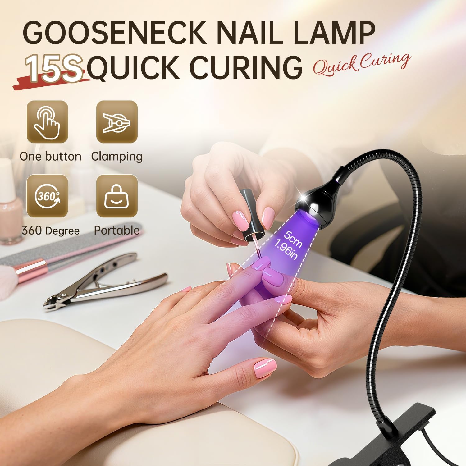 3W LED Nail Lamp with Clamp and Flexible Gooseneck for Gel Nails | Includes UV Protection Gloves for Gel Polish