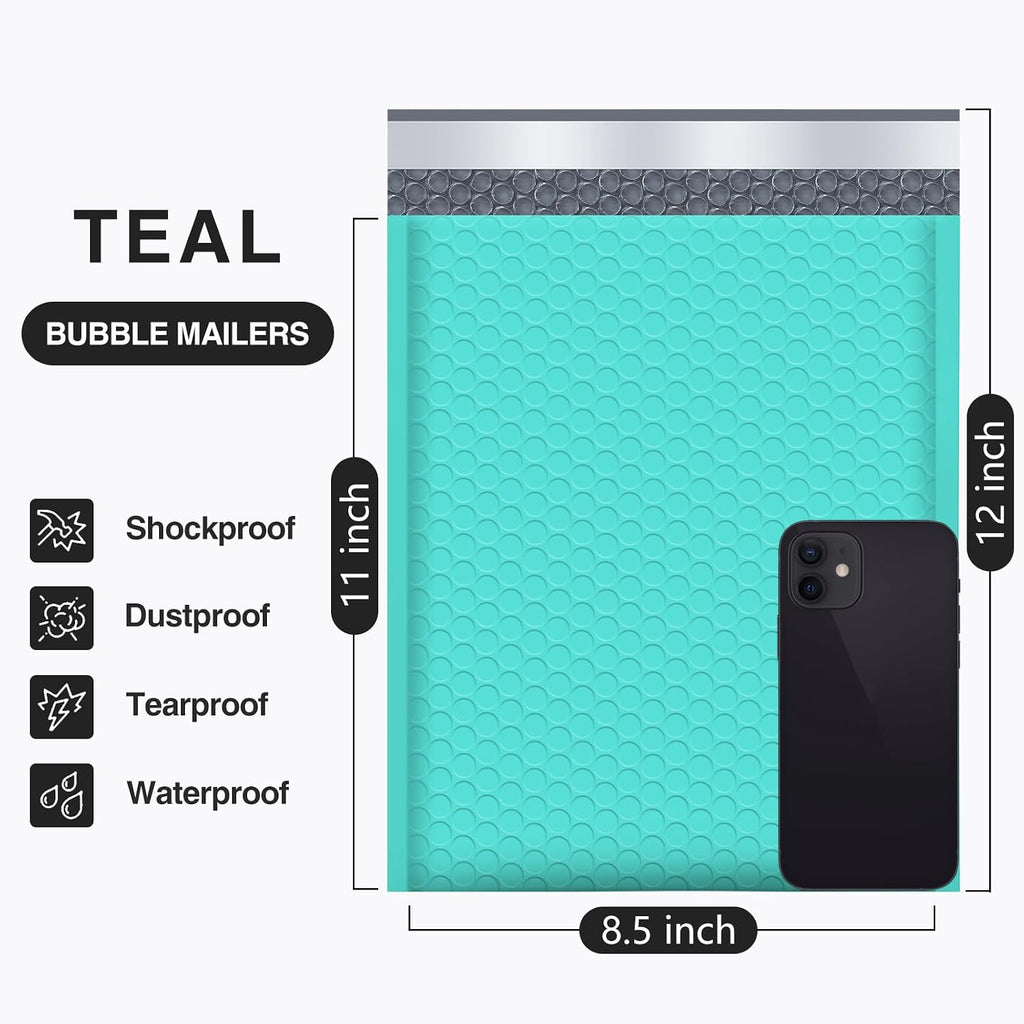 Bubble Mailers 8.5x12" 25 Pack Usable Size 8.5x11" Teal Shipping Bag