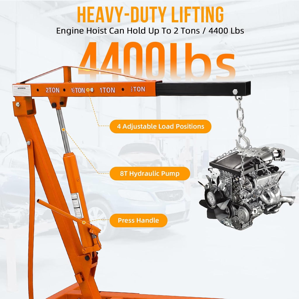 Cherry Picker Engine Hoist, Folding Engine Crane, 2 Ton 4400lb Engine Hoist Lift, Heavy Duty Hydraulic Engine Shop