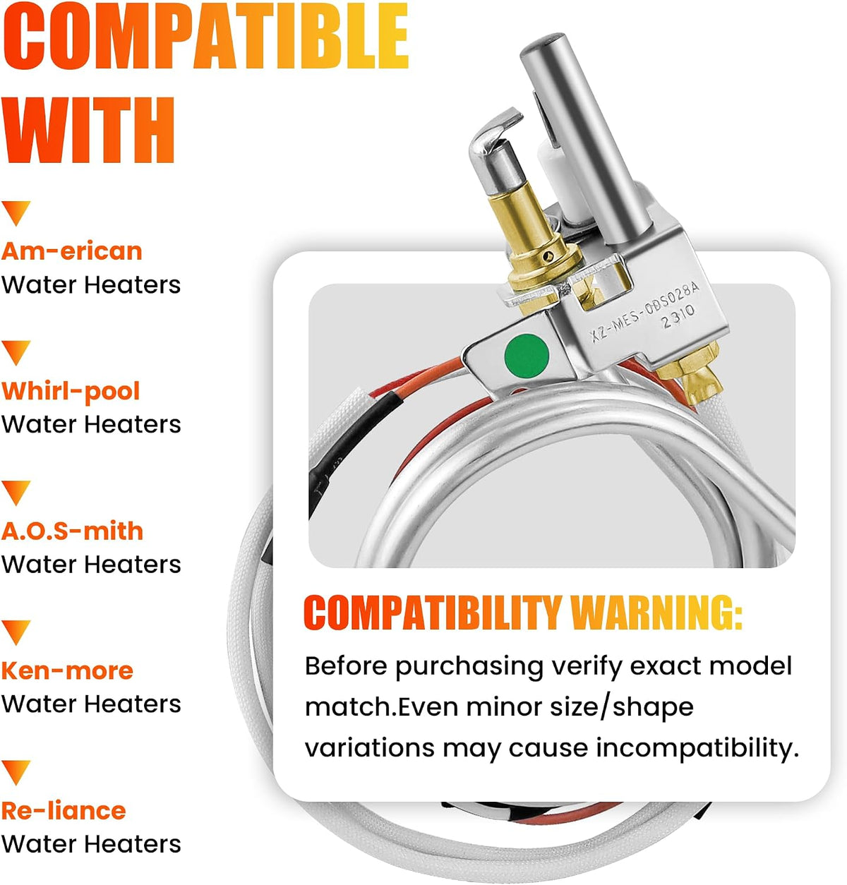 100112330 9007876 Water Heater Pilot Assembly Compatible with 300 301 Series, Whirl-pool, Ken-more, Am-erican, Re-liance, A.O.S-mith, 9007877 4067826 100078039 Water Heater Thermocouple by Fetechmate