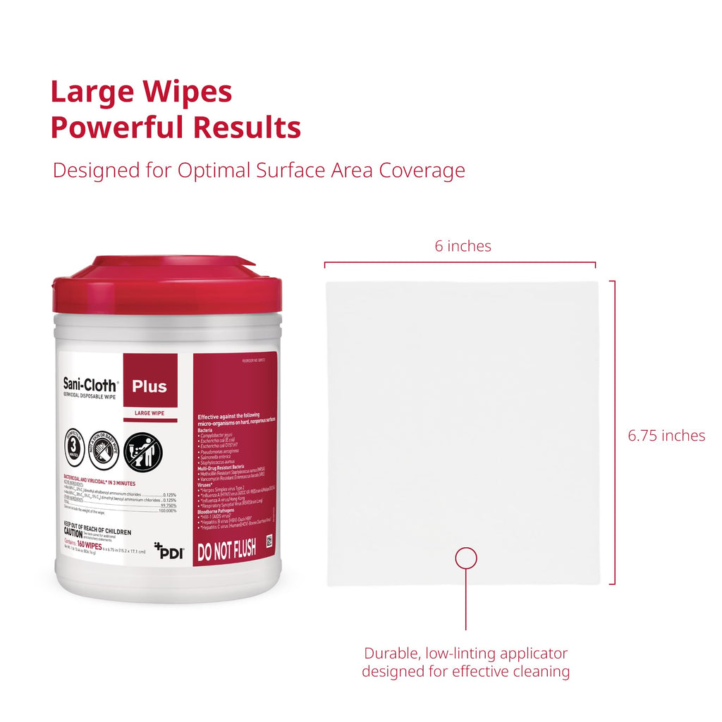 Sani-Cloth Plus Germicidal Cloth, Pack of 160, 6" x 6-3/4" Large Wipes