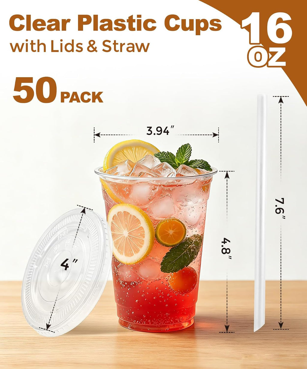 50 Pack 16 oz Clear Plastic Cups with Lids and Straws