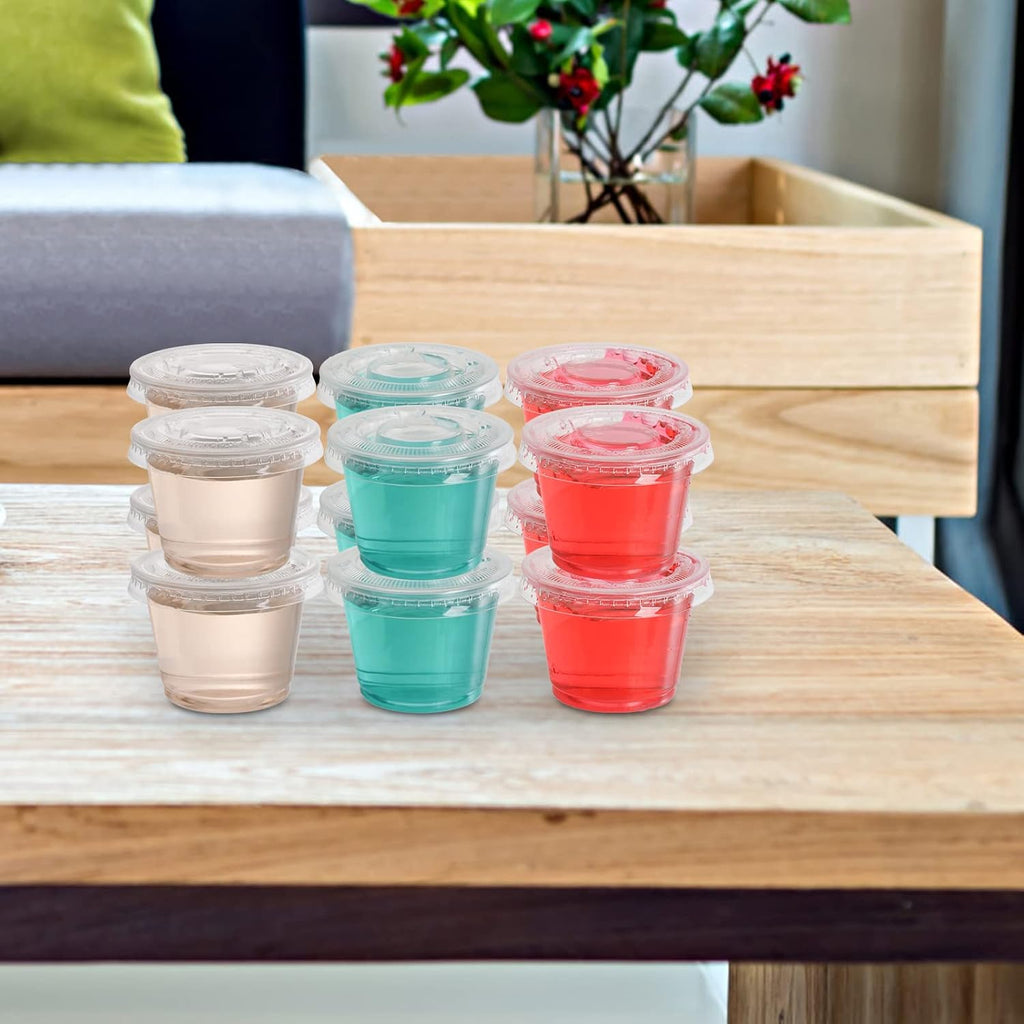 600 Sets 1 Oz Disposable Portion Cups with Lids, Clear Jello Shot Cups, Plastic Souffle Portion Cups, Sampling Cups