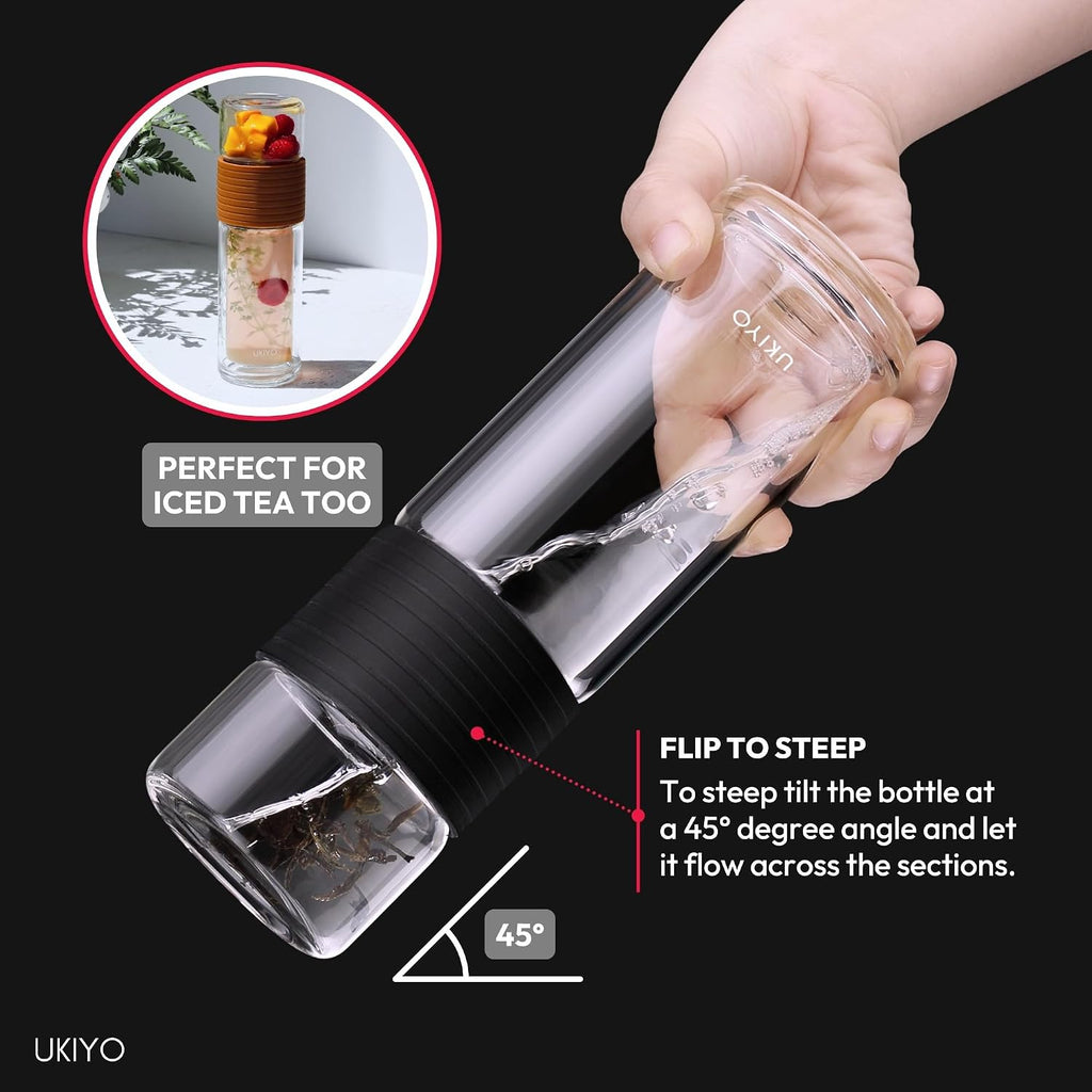 Premium Double-Wall Glass Tea & Fruit Infuser Bottle - Travel Tumbler with Stainless Steel Filter and Neoprene Sleeve