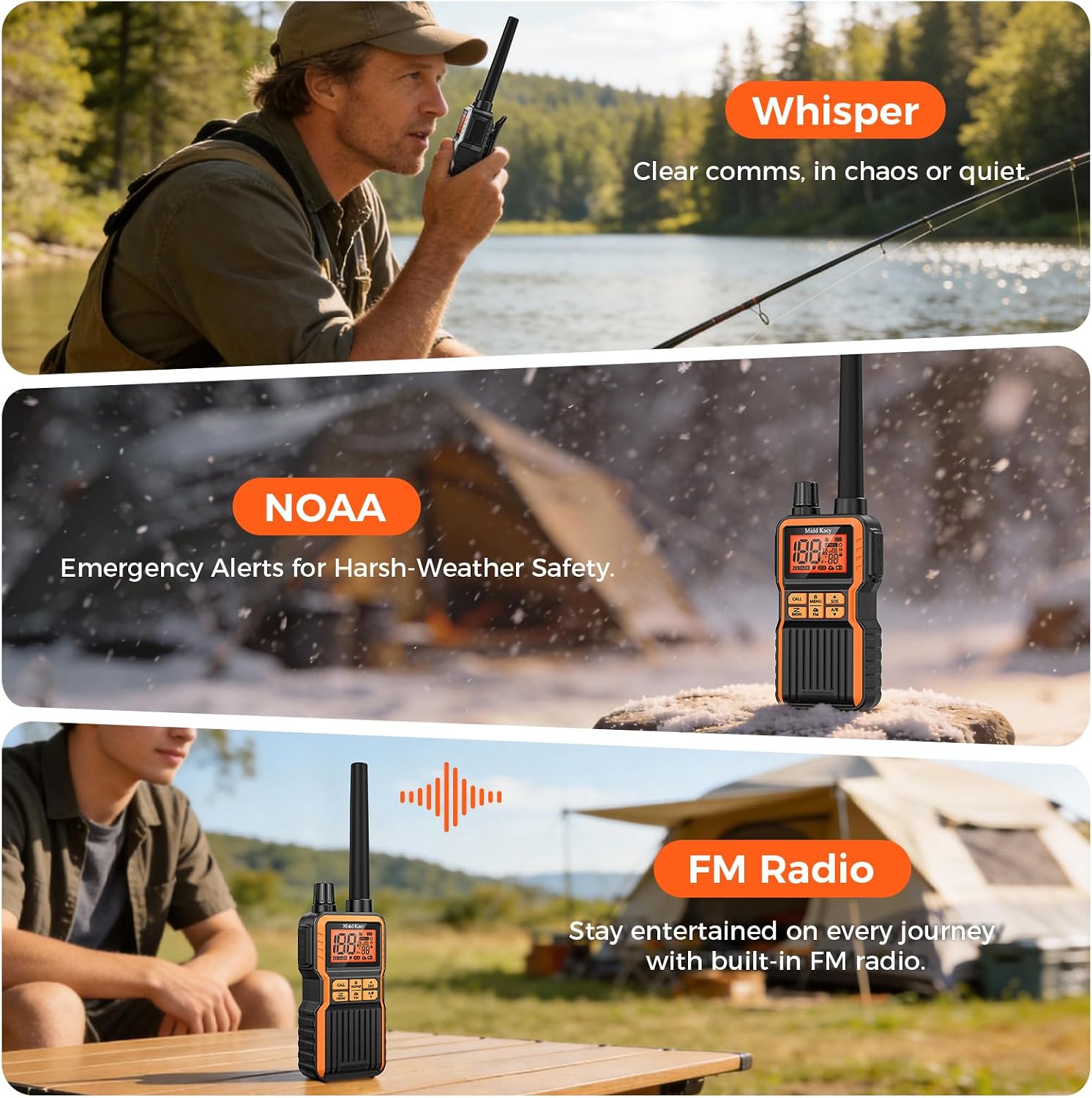 Midd Kacy MK108 Walkie Talkies Long Range, GMRS 2 Way Radio (2 Pack) | 60 Channel, 121 Privacy Codes, Waterproof
