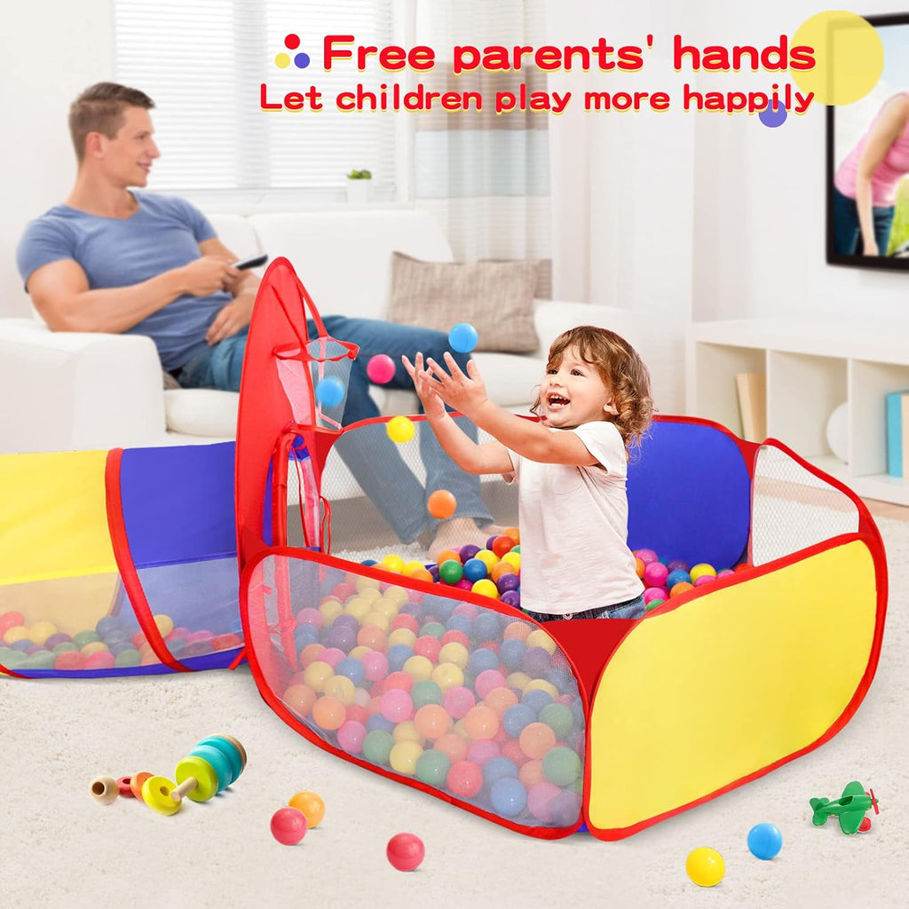 3 in 1 Kids Play Tent for Toddler with Baby Ball Pit and Play Tunnel, Children Indoor Outdoor Playhouse with Climbing