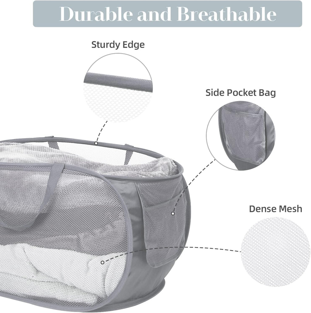 Durable Collapsible Laundry Baskets, Mesh Pop Up Laundry Hamper with Side Pocket, Foldable Clothes Storage Hamper