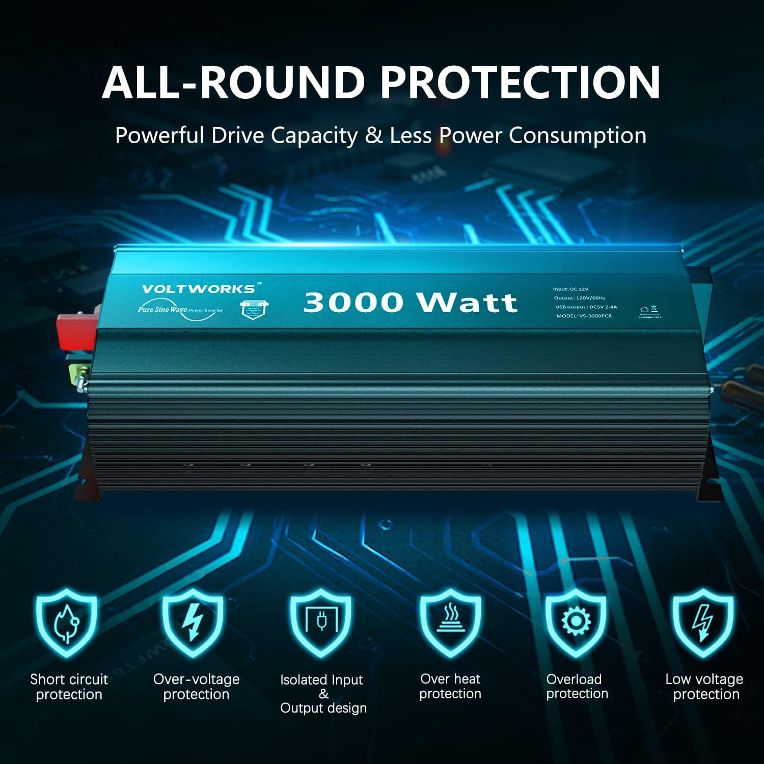 3000 Watt Pure Sine Wave Inverter 12V DC to 110V 120V AC VOLTWORKS | UL Fuses 3000W Power Inverter for Home RV Truck