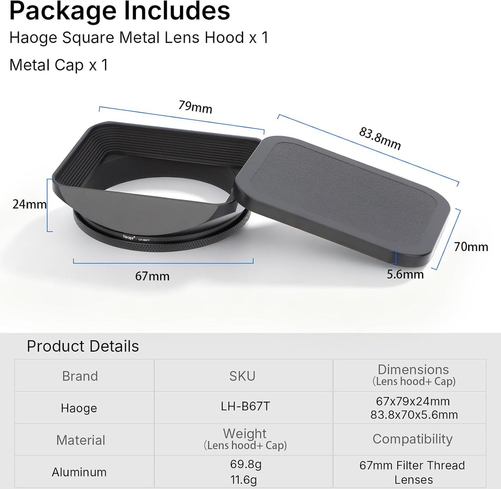 67mm Square Metal Screw-in Mount Lens Hood Shade with Cap for 67mm Canon Nikon Sony Leica Leitz Carl Zeiss