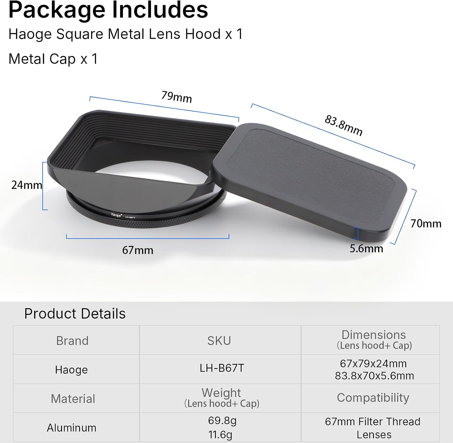 67mm Square Metal Screw-in Mount Lens Hood Shade with Cap for 67mm Canon Nikon Sony Leica Leitz Carl Zeiss