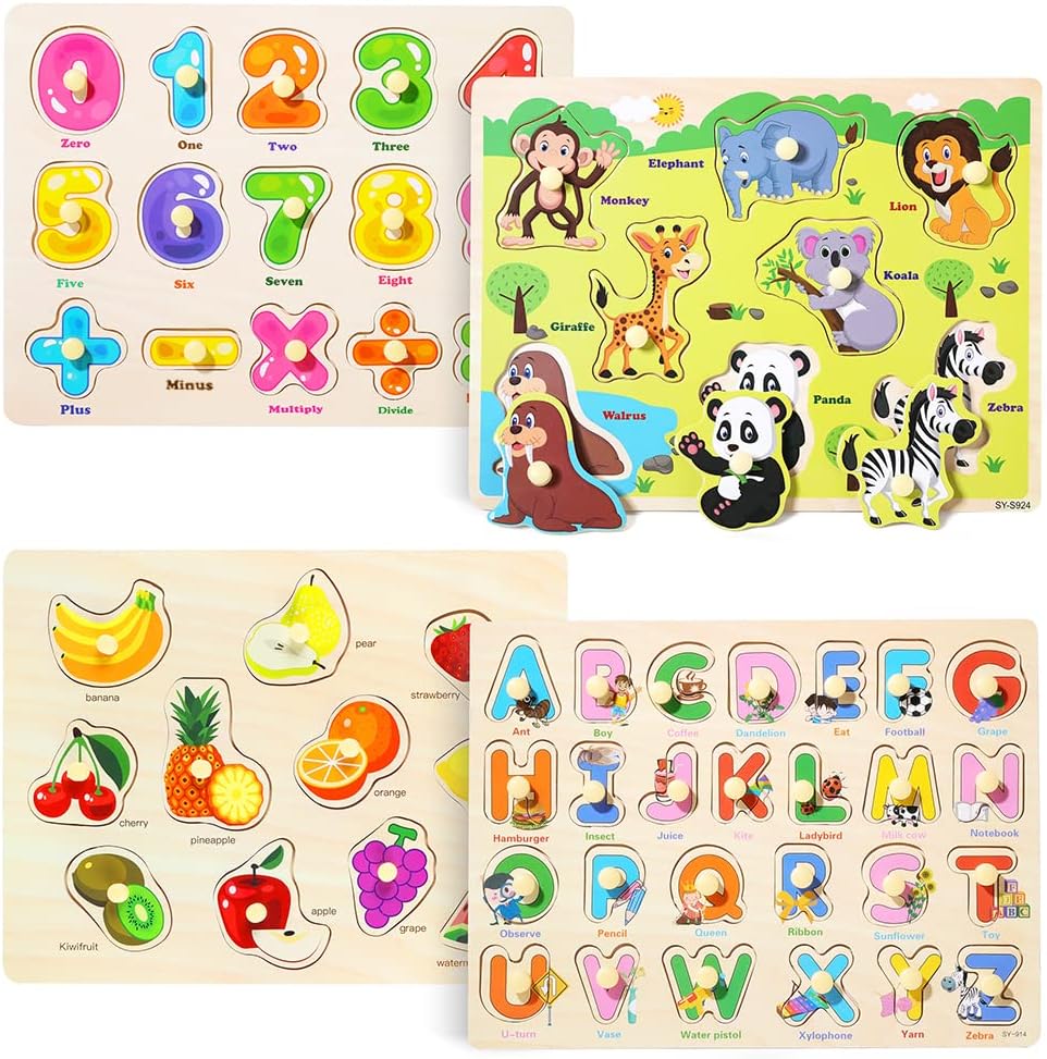 GRINNNIE Wooden Peg Puzzle for Toddlers 3 4 5 Years Old, 4 PCS Montessori Educational Learning Puzzles Set-Numbers