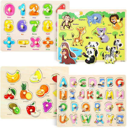 GRINNNIE Wooden Peg Puzzle for Toddlers 3 4 5 Years Old, 4 PCS Montessori Educational Learning Puzzles Set-Numbers
