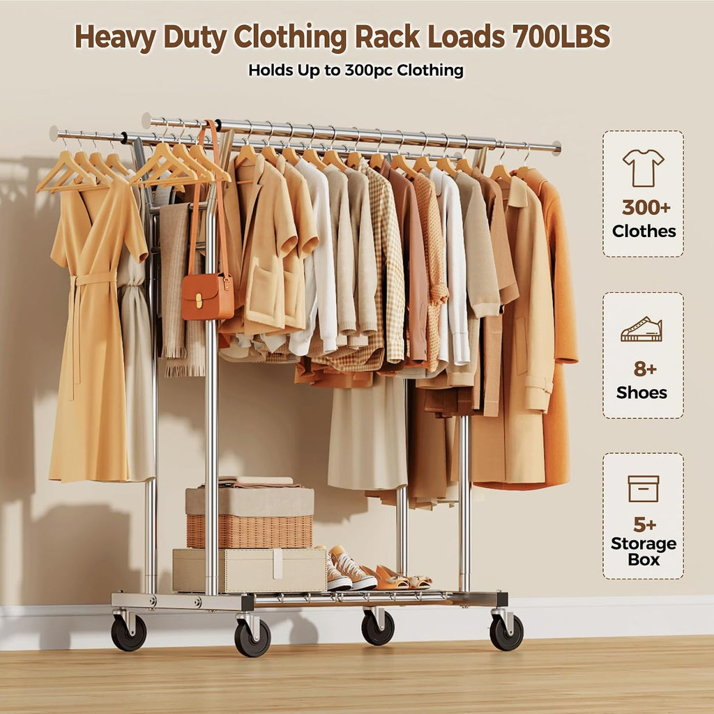 Heavy Duty Clothes Rack, Rolling Clothing Rack for Hanging Clothes with Shelves Load 700LBS,Portable Garment Wardrobe