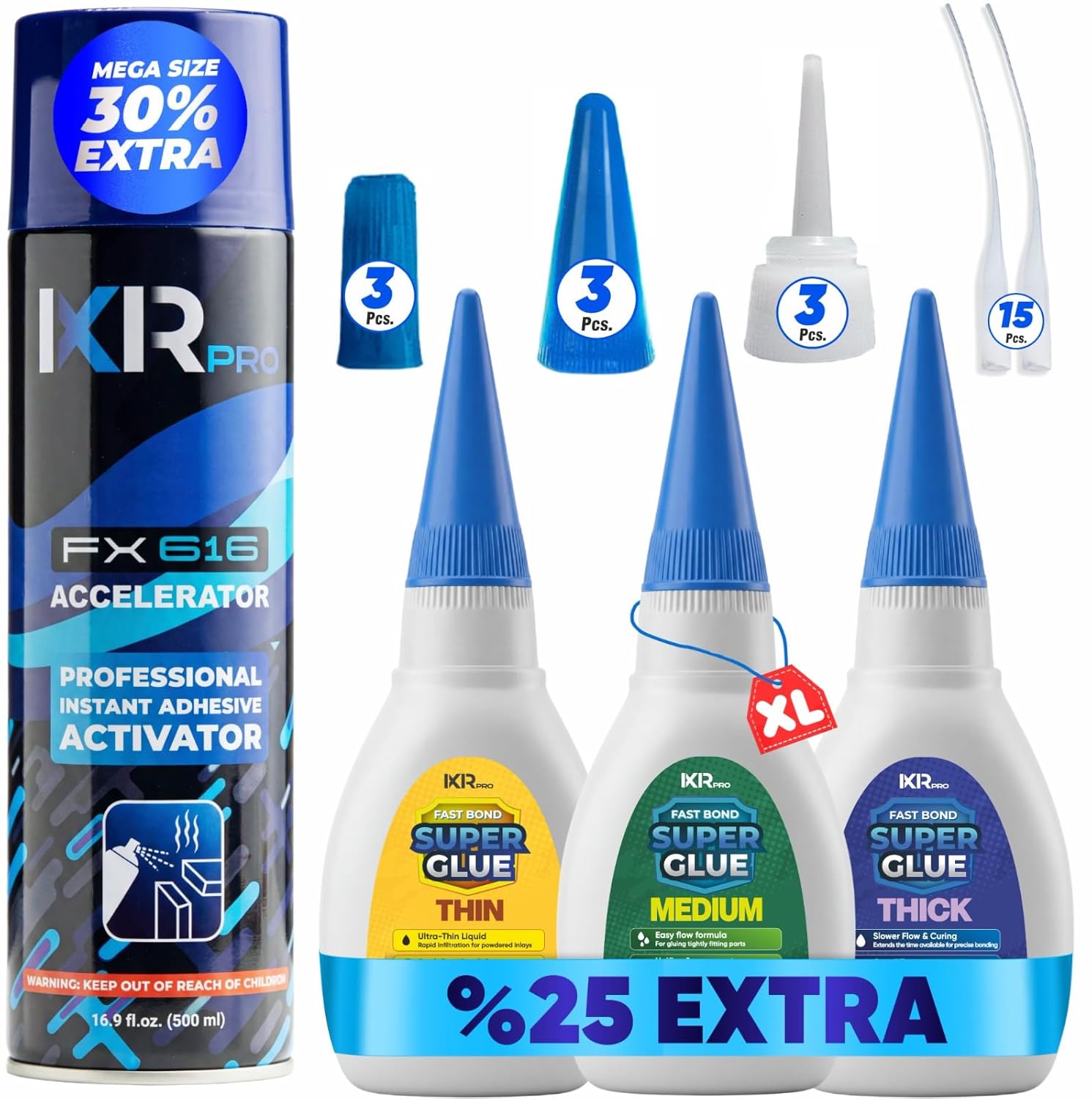 CA Glue with Activator Kit – 3 x 1.75 oz (Thin, Medium, Thick) + 16.9 fl oz Accelerator Spray, Cyanoacrylate Super