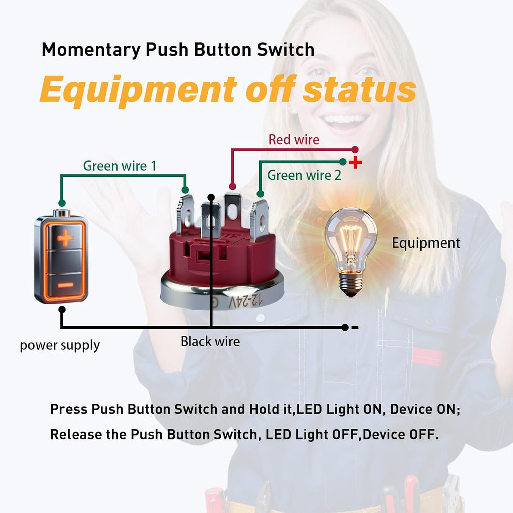 15Amp momentary Push Button Switch，19mm(0.75") 12V-24V Push Button Switch AC/DC IP67 Waterproof LED Angel Eye Light On and Off with Wire Socket