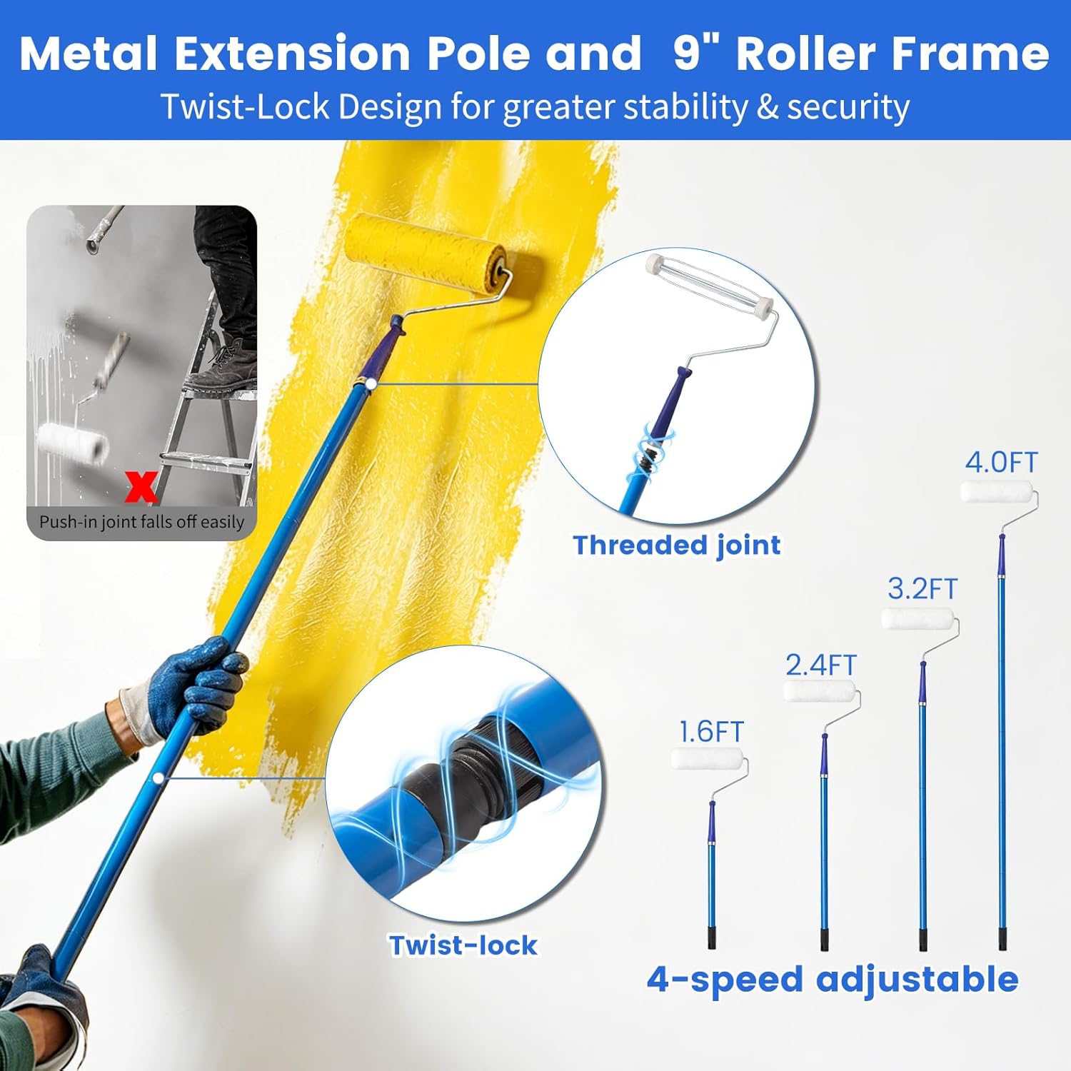 Paint Roller Kit with Long Paint Roller Extension Pole, 37 PCS Wall Painting Supplies with Paint Brushes for Walls