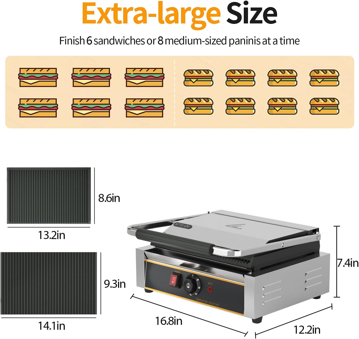Commercial Panini Press - 2200W Commercial Panini Press Grill w/ 14"x9" Cooking Pan & Adjustable Temp, Commercial