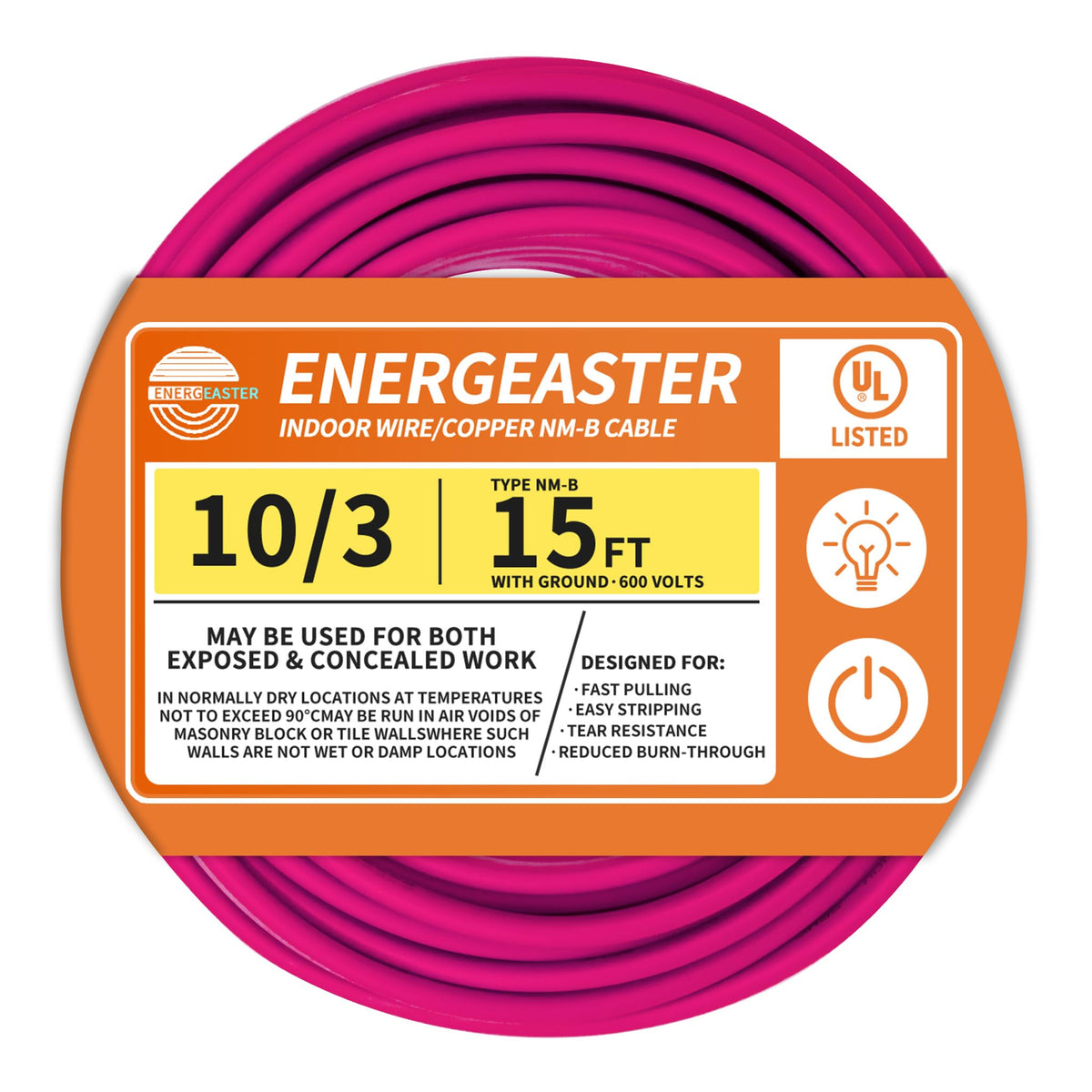 Energeaster Solid Indoor 10/3 NM-B Copper Cable with Ground 15FT, Pink