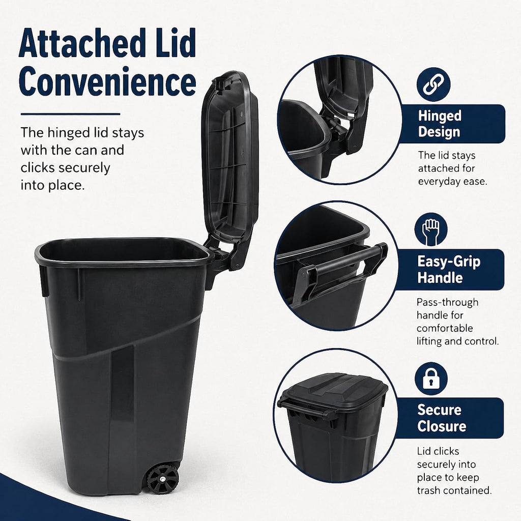 32 Gallon Outdoor Trash Can with Wheels, Heavy Duty Garbage Bin for Patio | Rugged Polypropylene Material, Click Lock
