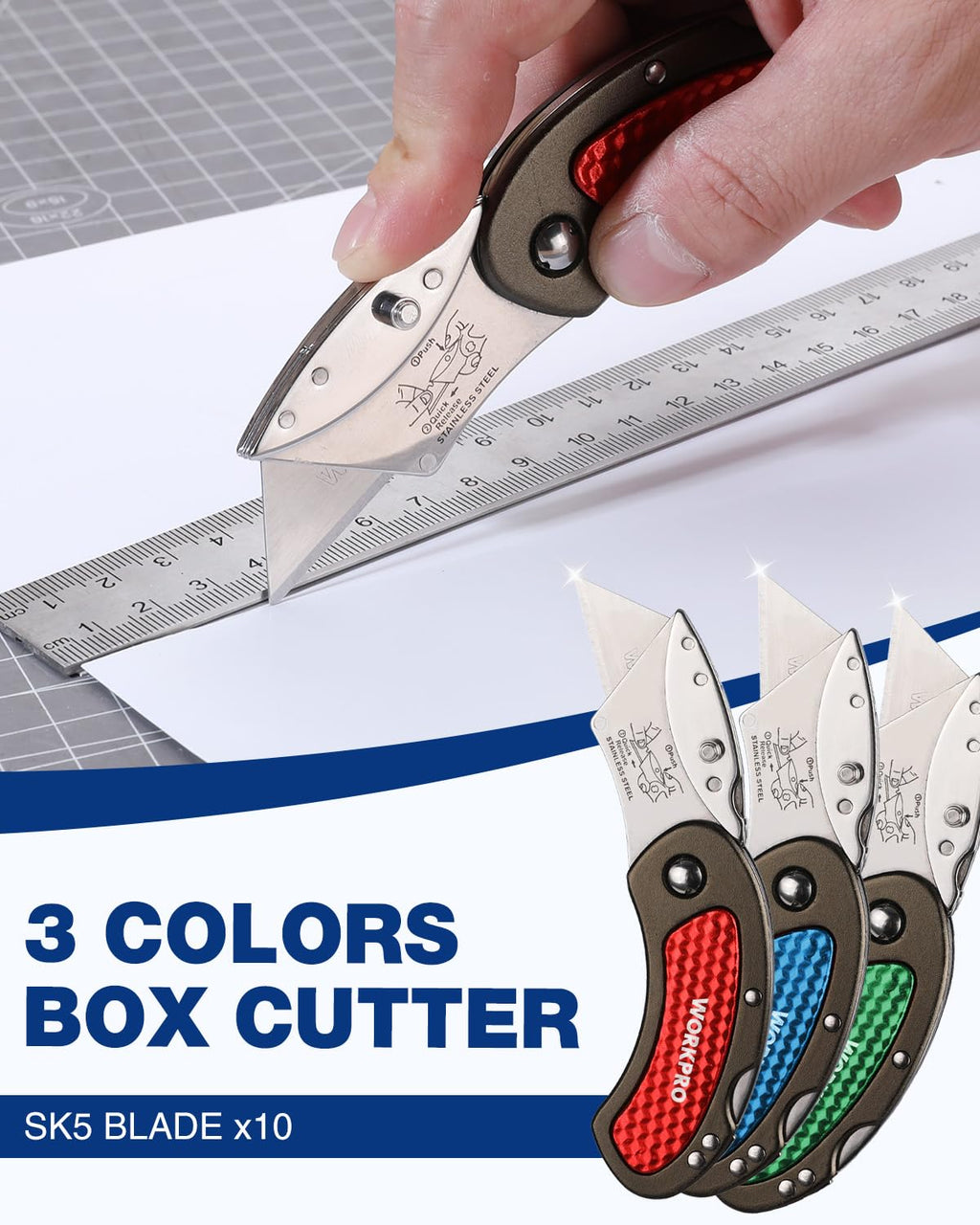 WORKPRO Folding Utility Knife Set, 3-Piece Colorful Box Cutters