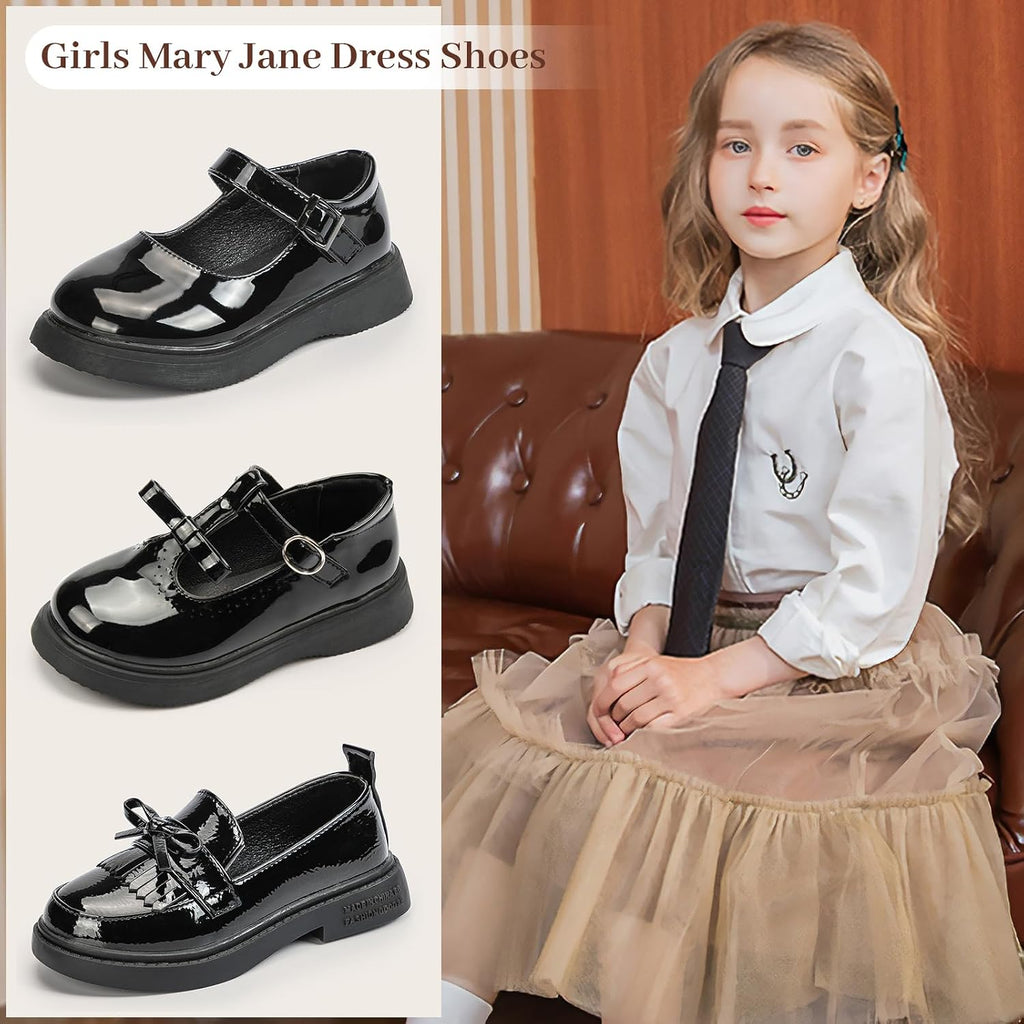 Toddler Girls Black Dress Shoes Little Girl Patent Leather Loafers School Uniform Wedding Mary Jane Tassel Bow Flats