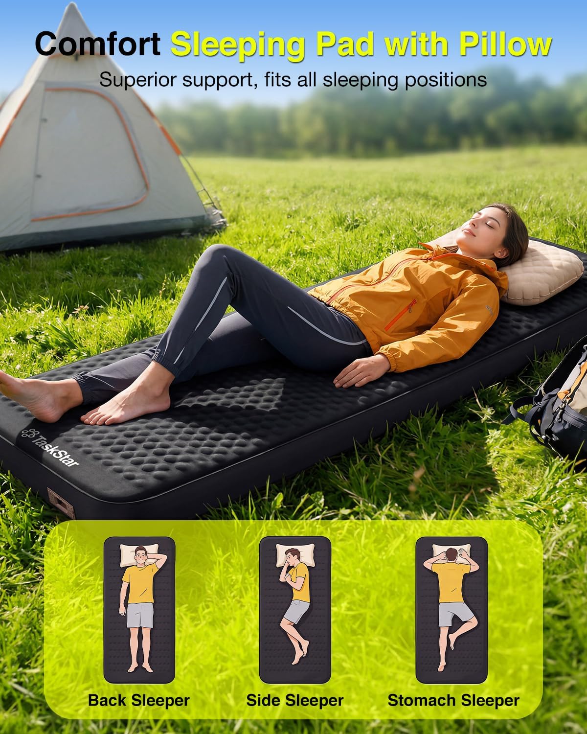 4" Self Inflating Sleeping Pad for Camping with Pillow, Electric Foam & Air Camping Sleeping Pad, 9.5 R-Value, 4