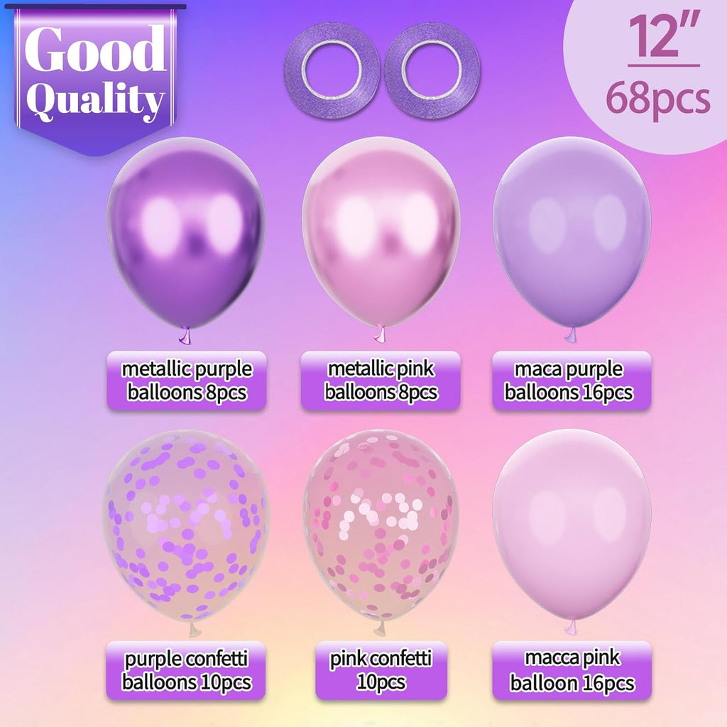 Pink and Purple Balloons, 68PCS 12 Inch Metallic Purple Pink Confetti Latex Balloons with Ribbon, Party Balloons for