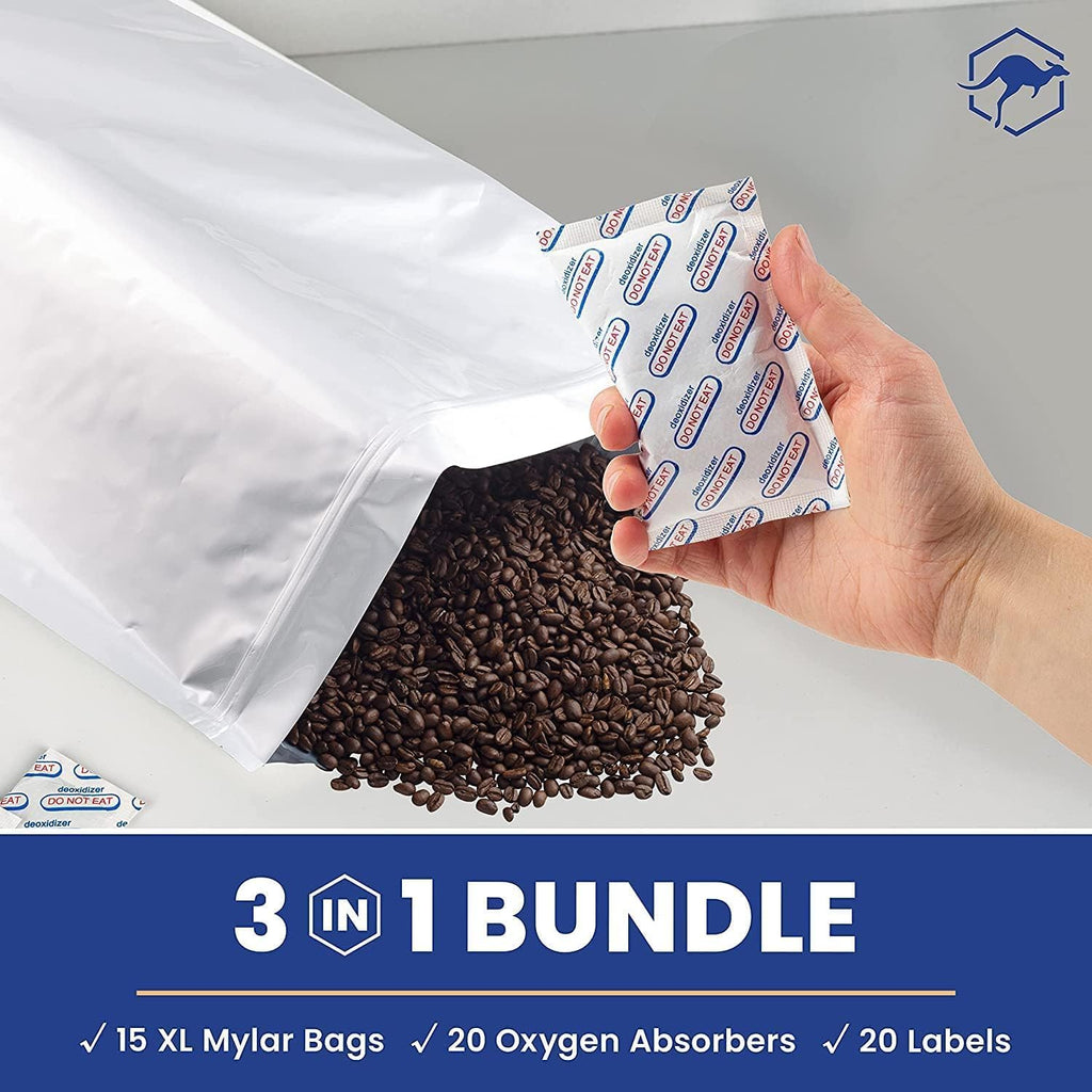 15 Count 5-Gallon Mylar Bags with 2500cc Oxygen Absorbers, 10 Mil Total Thickness Long-Term Food Storage Pouches