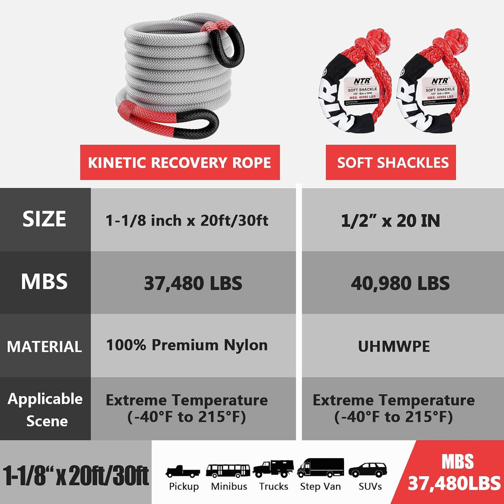 1-1/8" x 30' Kinetic Recovery Tow Rope (37,480lbs), with 2 UHMWPE Soft Shackles (40,980lbs), Heavy-Duty Offroad