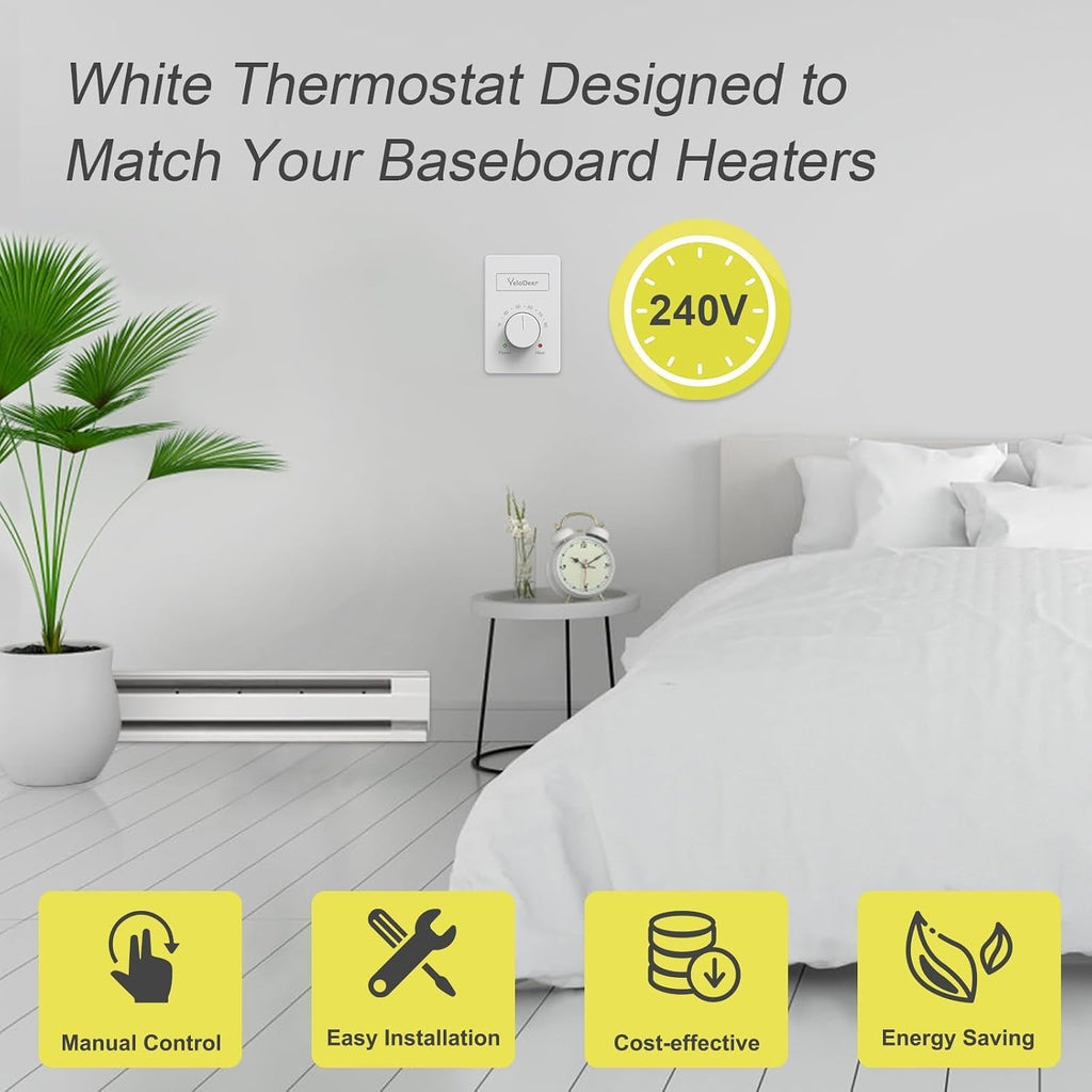 240V Only 4-Wire Manual Electric Baseboard Heater Thermostat | Line Voltage Controller, Single Pole Dial Wall Mount
