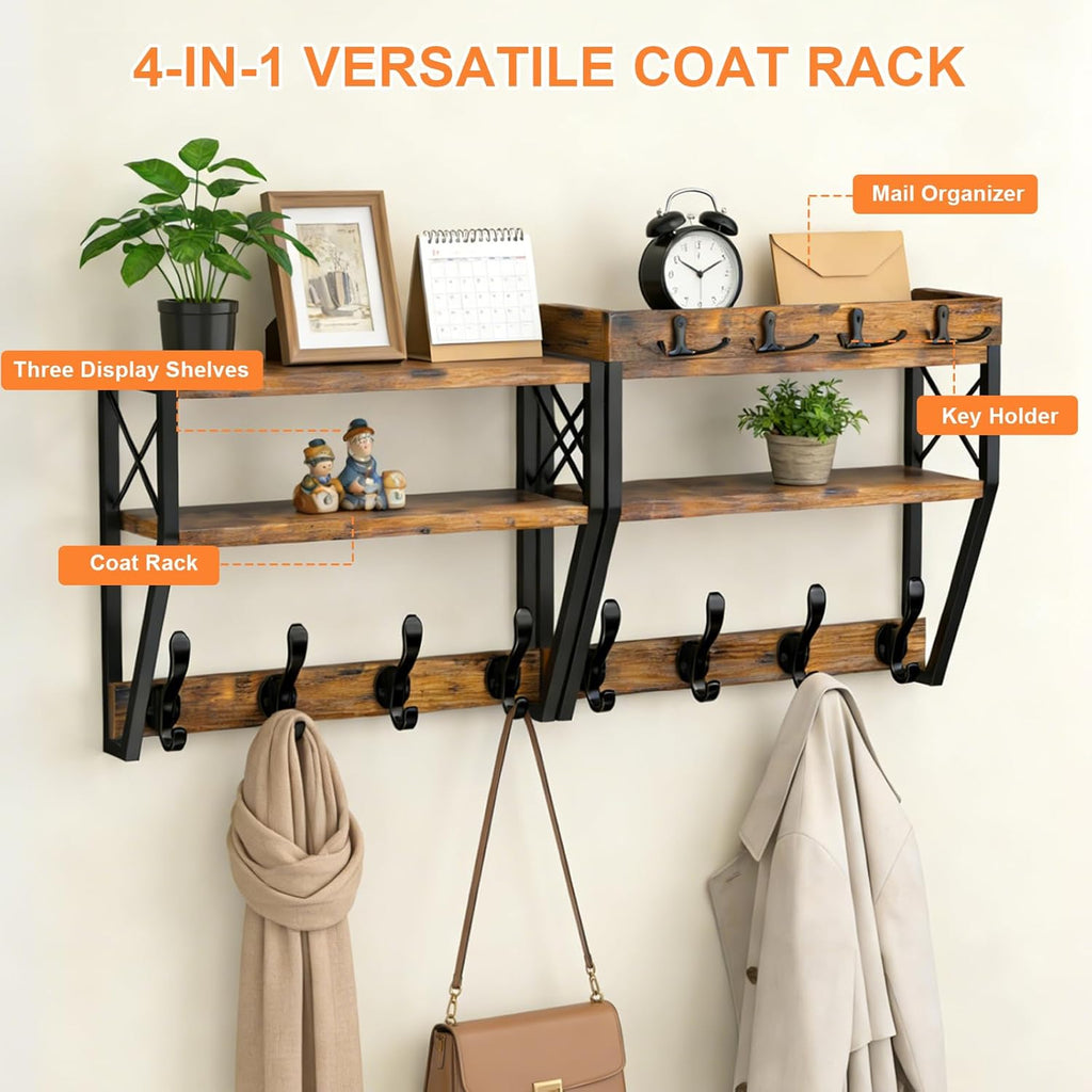 Upgraded 3-Tier Large Coat Rack Wall Mount with Shelf, 4 in 1 Versatile Coat and Key Hanger Wall Mount, 32-inch