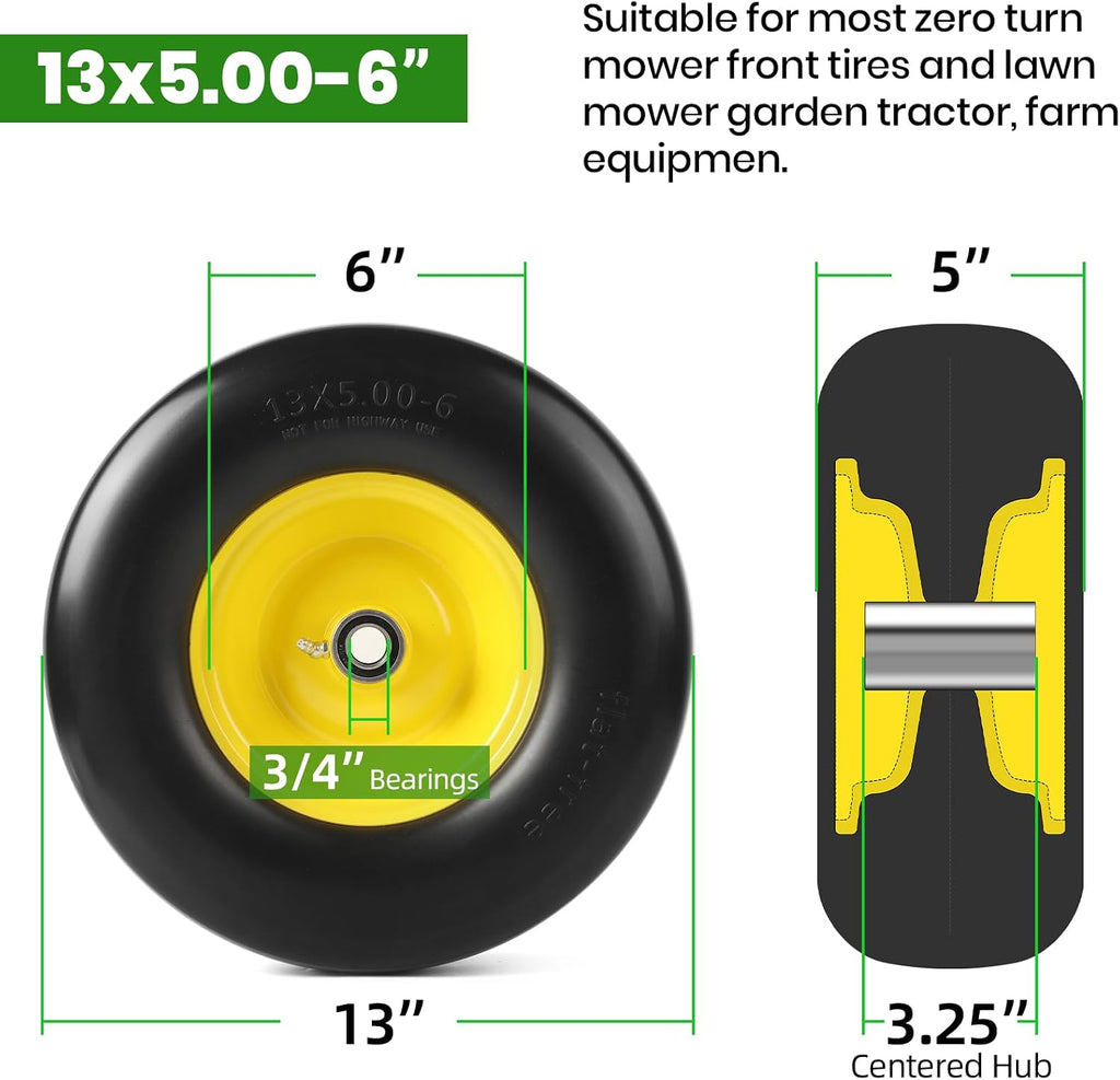(2-Pack) 13x5.00-6 Flat Free Lawn Mower Tire and Wheel- Solid Smooth Tread Replacement Front Tire for Riding Zero