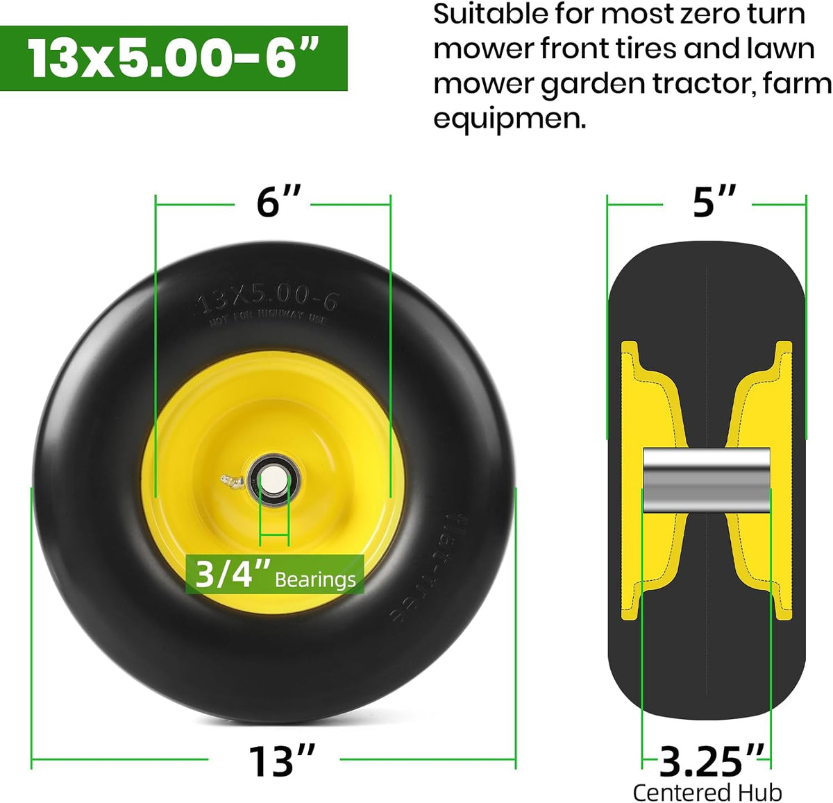 (2-Pack) 13x5.00-6 Flat Free Lawn Mower Tire and Wheel- Solid Smooth Tread Replacement Front Tire for Riding Zero