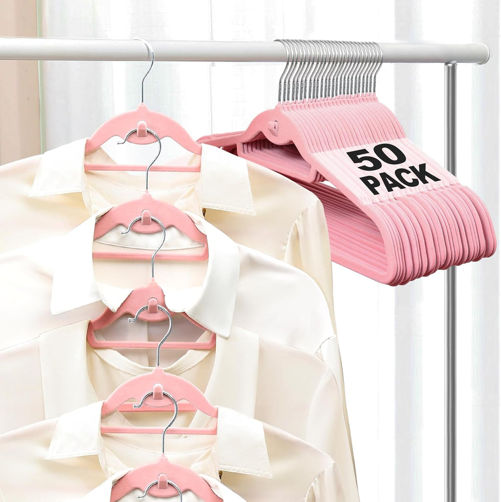 Velvet Felt Stackable Hangers 50 Pack, Thin & Space Saving, Pink | Non Slip, 15Lbs Capacity Heavy Duty With 360°