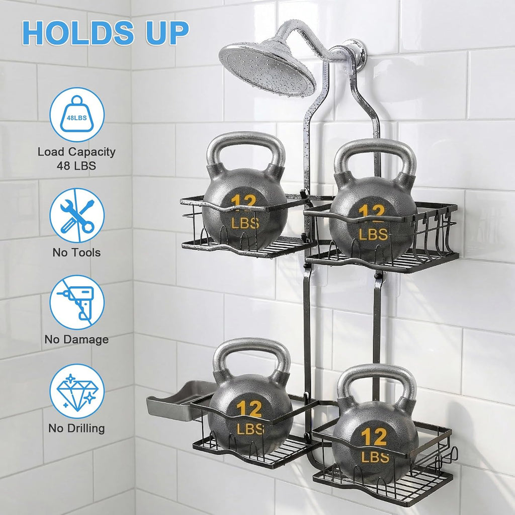 Shower Caddy Hanging Organizer Over Showerhead, Rustproof Black | 2-Tier No-Drill Hanging Shower Organizer with