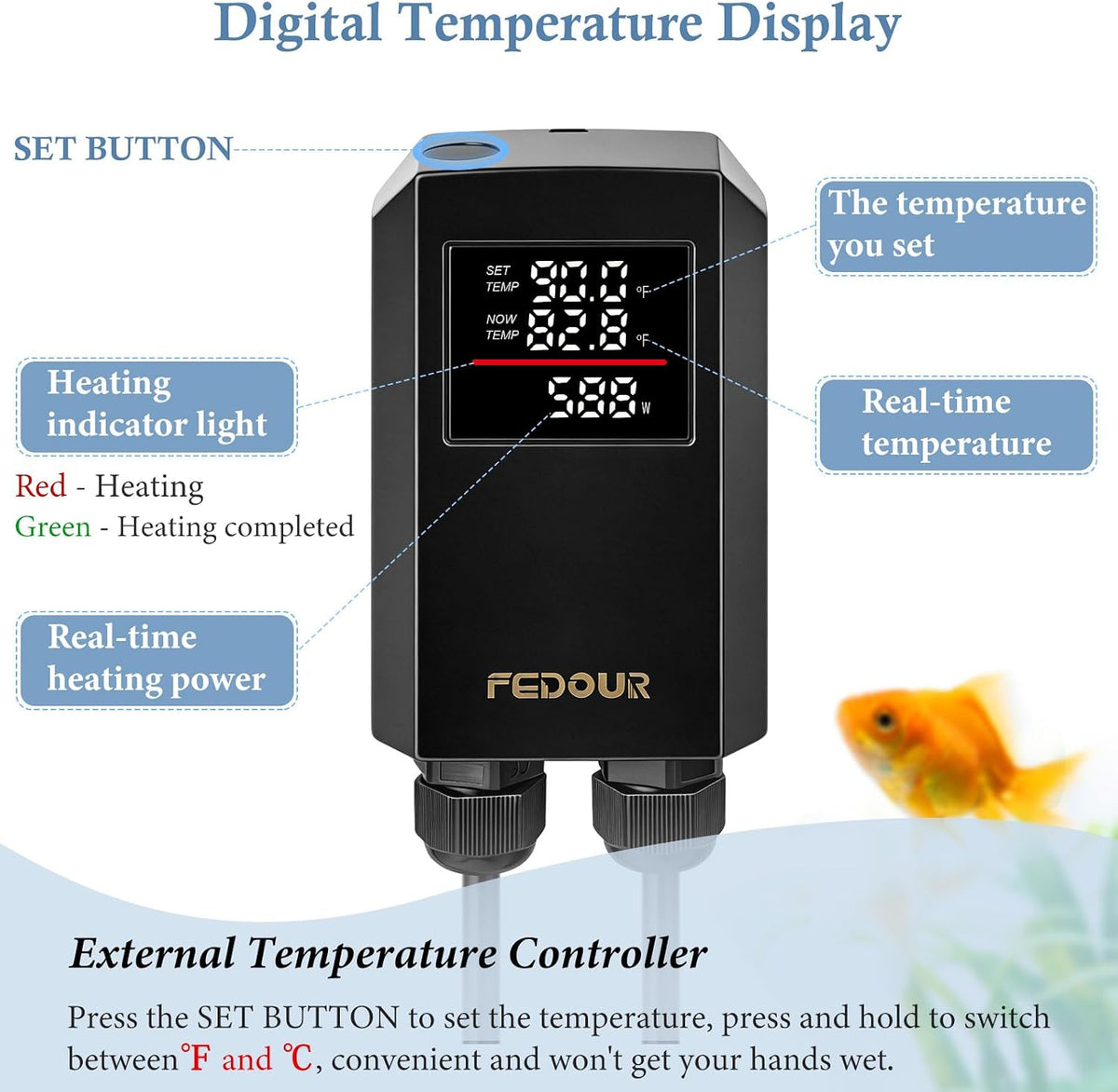 600W 800W Titanium Aquarium Heater with Digital Controller, Submersible Aquarium Heater with Overheating Protection
