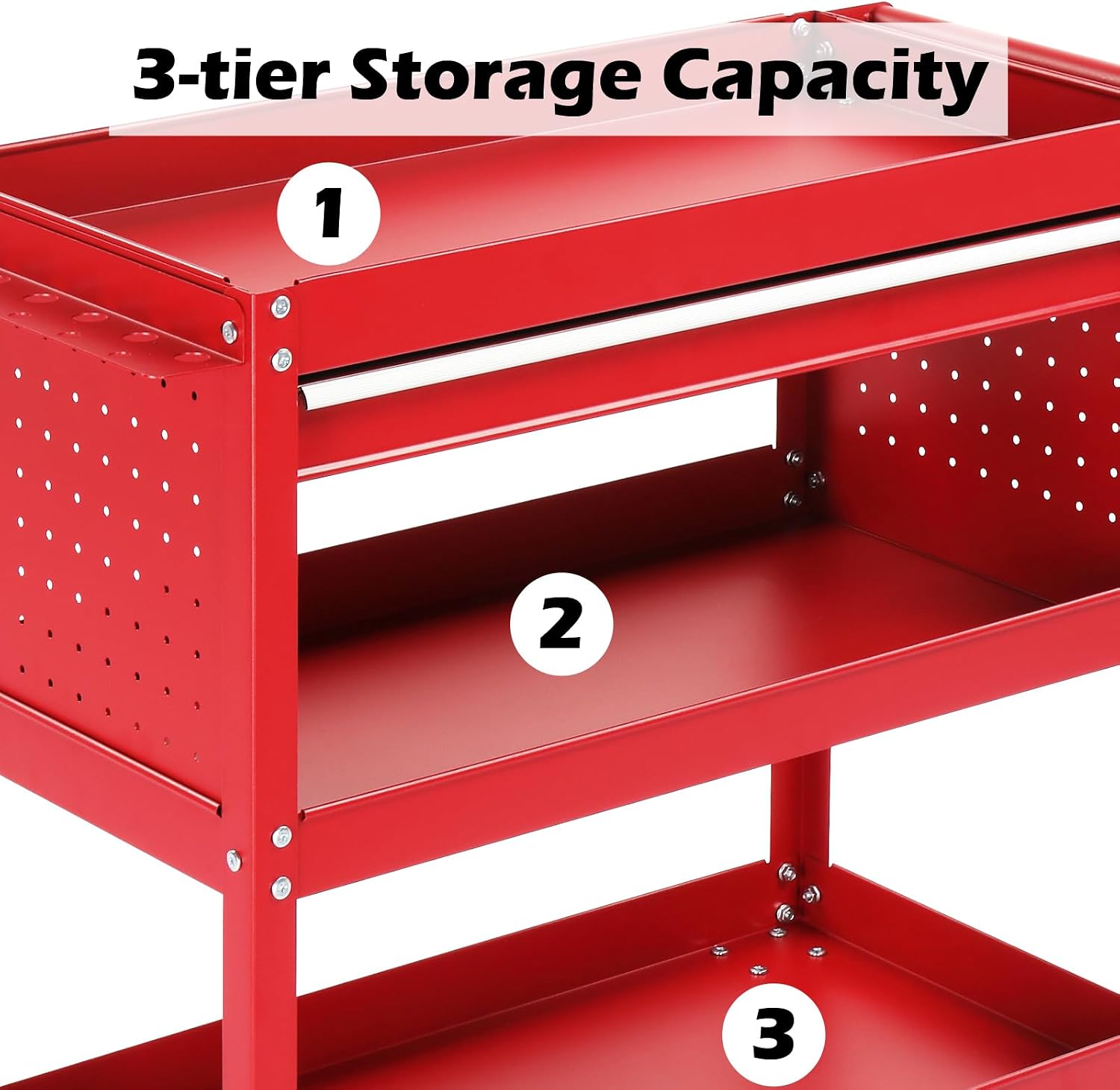 3 Tier Steel Utility Tool Cart with Drawer & Pegboard, Red | 330 lbs Capacity Rolling Service Cart with Lockable