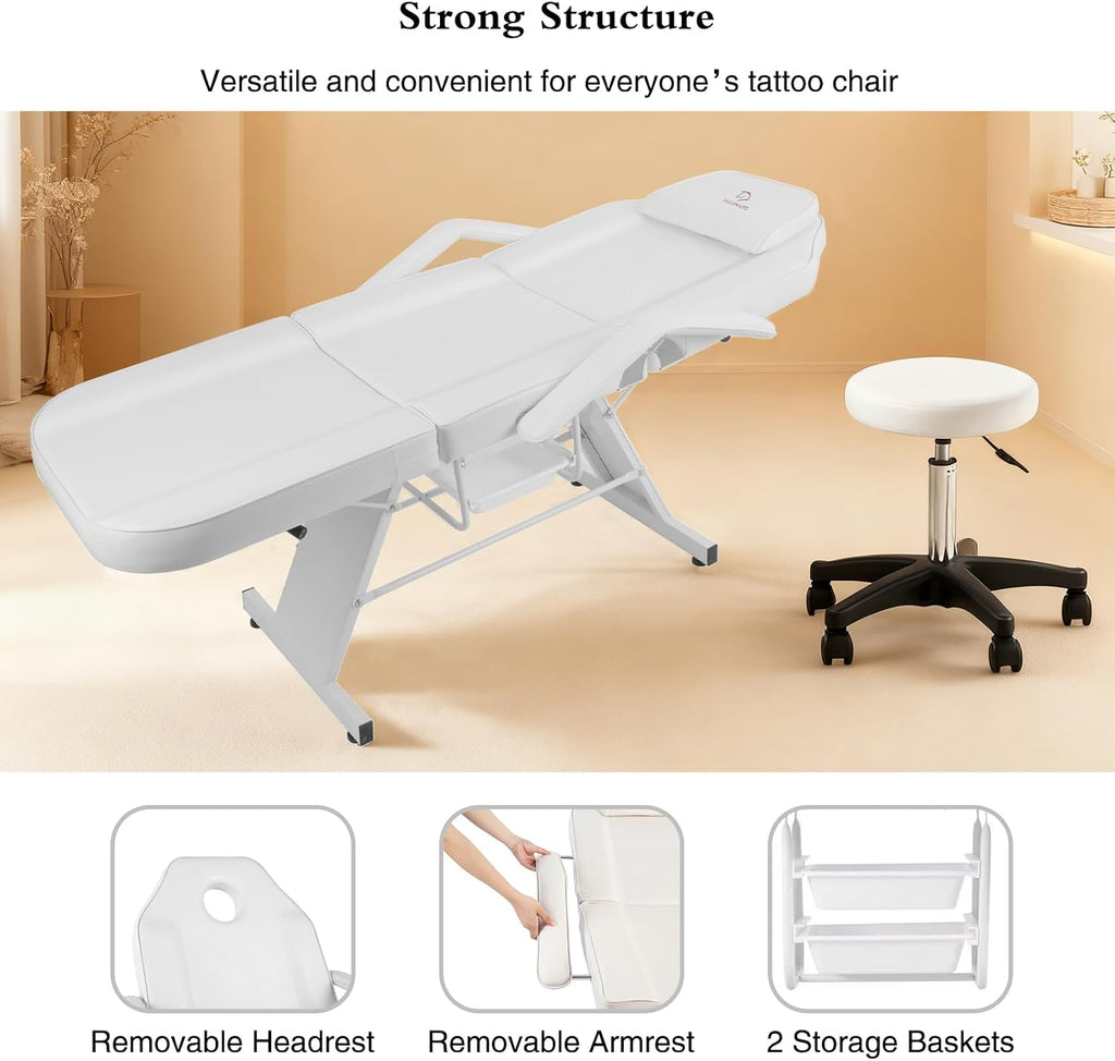 Facial Chair,73″ Tattoo Chair for Client,3-Section Adjustable Massage Table with Stool,Multipurpose Beauty Beds Salon