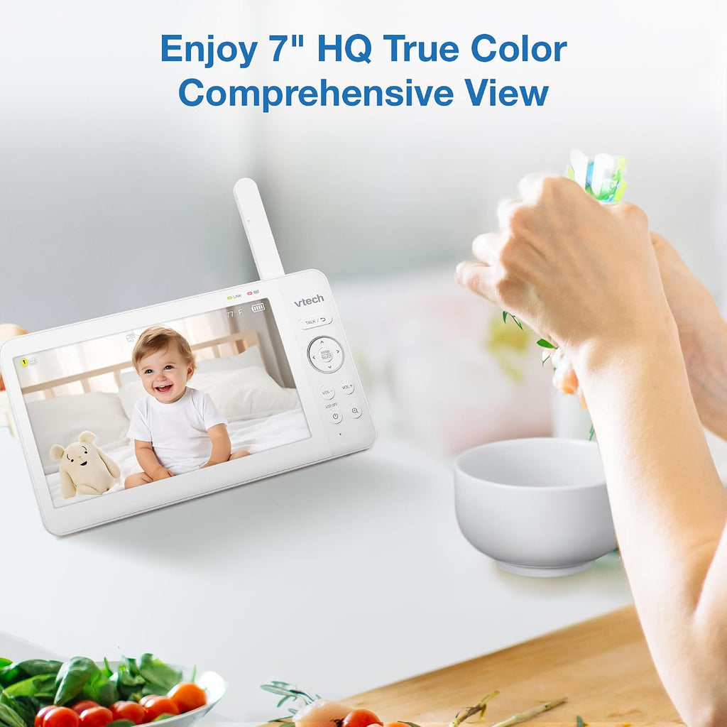 Baby Monitor No WiFi, 7" IPS Screen, 5000mAh 12Hr Battery, 360° PTZ, 4X Zoom, Night Vision, Night Light, 2-Way Talk