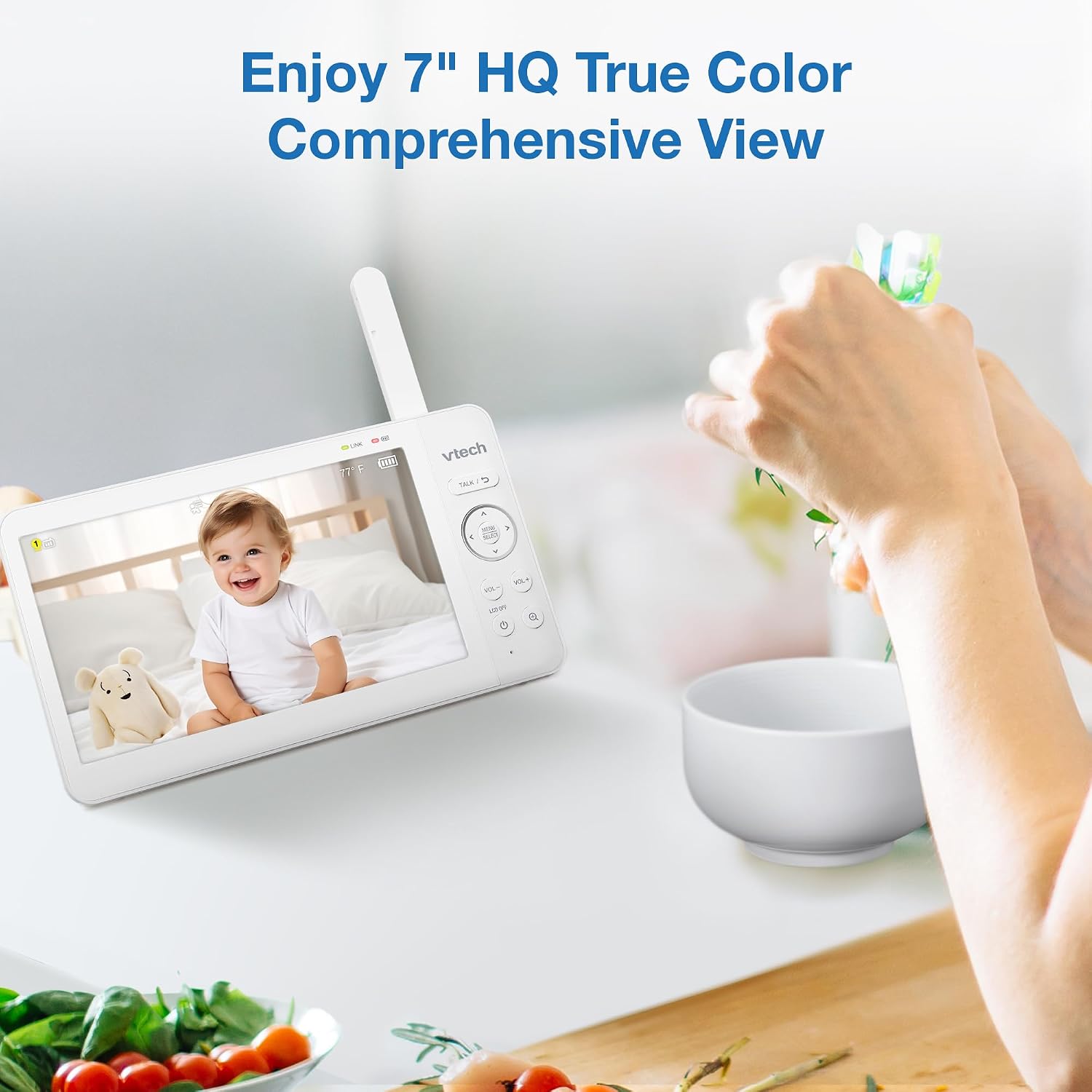 Baby Monitor No WiFi, 7" IPS Screen, 5000mAh 12Hr Battery, 360° PTZ, 4X Zoom, Night Vision, Night Light, 2-Way Talk