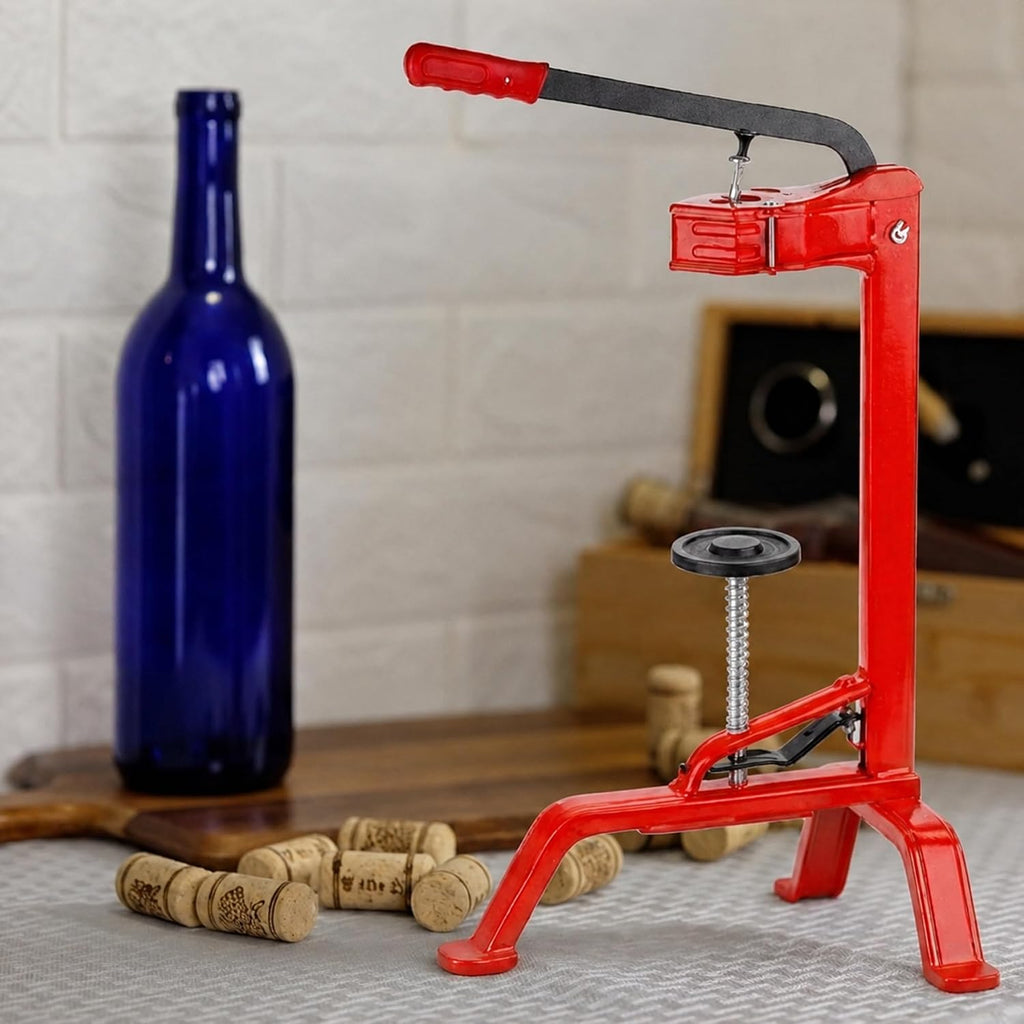 Italian Floor Wine Corker for Bottling, Adjustable Plunger and Grip Handle | Rolled steel frame | works with #7, #8